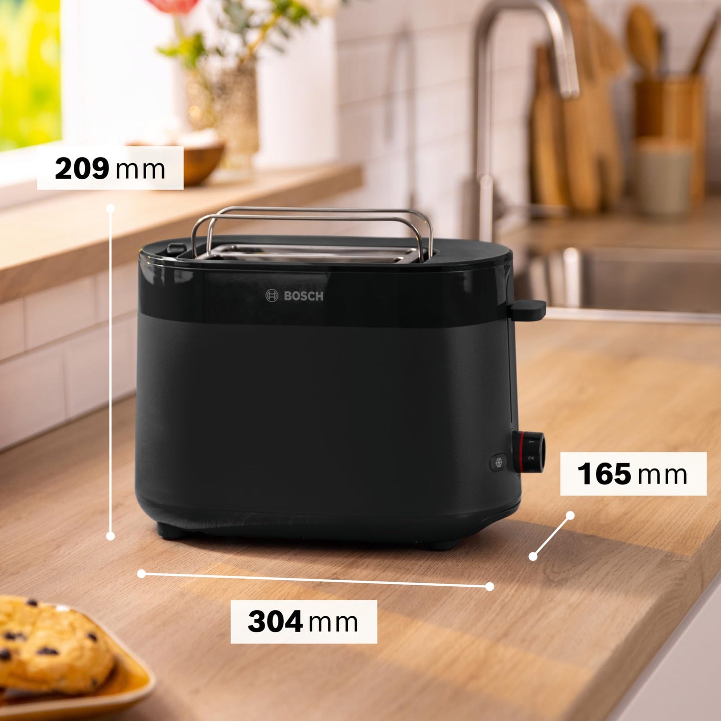 Bosch Kompakt Toaster MyMoment, integrierter Brötchenaufsatz, mit Auftaufunktion, mit Abschaltautomatik, Liftfunktion, Brotzentrierung, perfekt für 2 Scheiben, 800 Watt, Schwarz matt