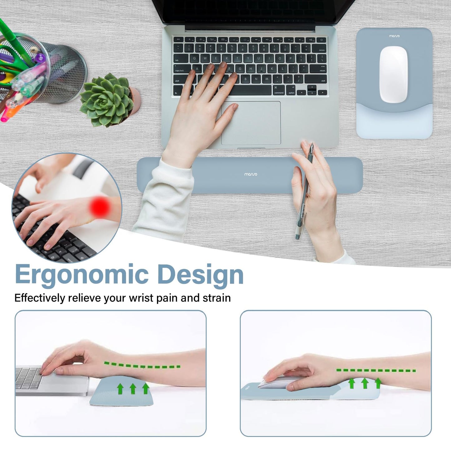 MOSISO Handgelenkstütze für Mauspad&Tastatur Set, Rechteckig Ergonomisch Mauspad Rutschfest Basis Home/Büro Schmerzlinderung&Typing Kissen mit Neopren Cloth&Erhöht Gebogen Memory Schaum,Grün