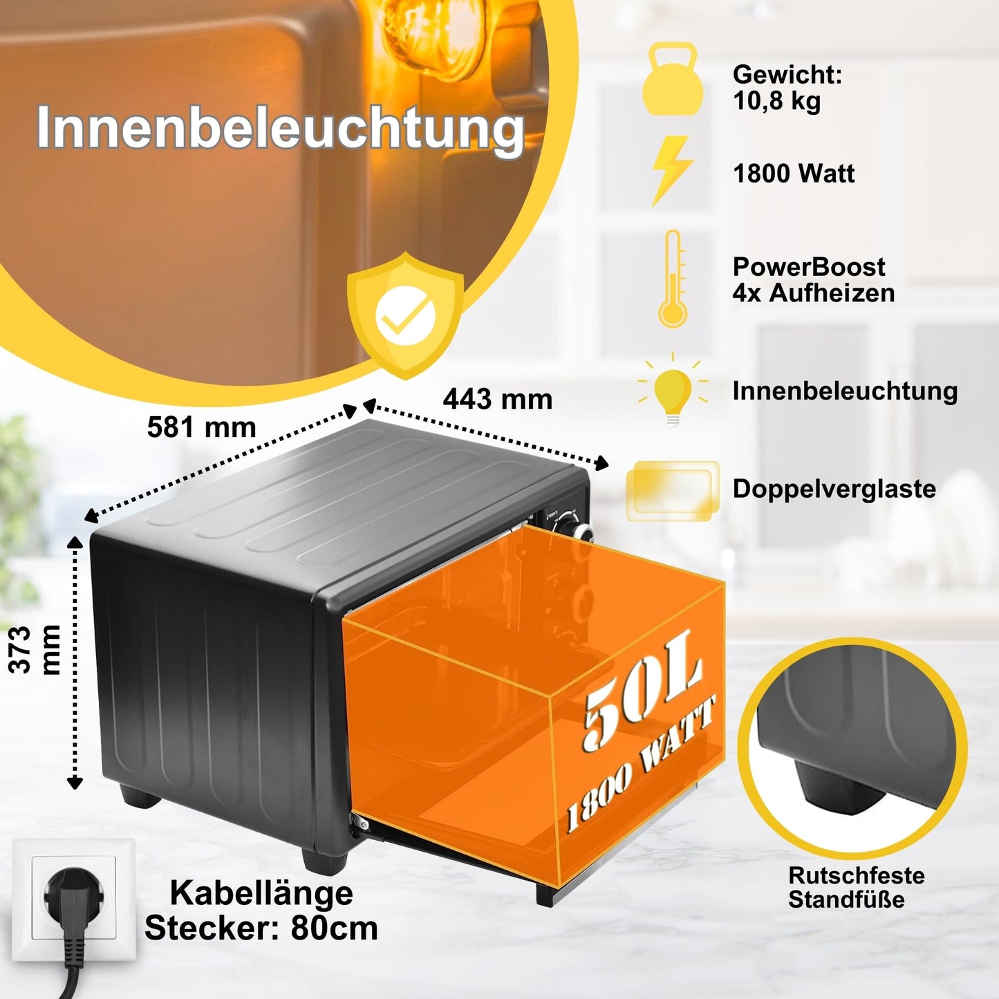 ICQN Kompakter Minibackofen 15 Liter, 1200W, 60 min-Timer, 3 Kochfuntionen, 90°-230°C, Kleiner Camping Ofen, Anthrazit, 2-Jahre Garantie