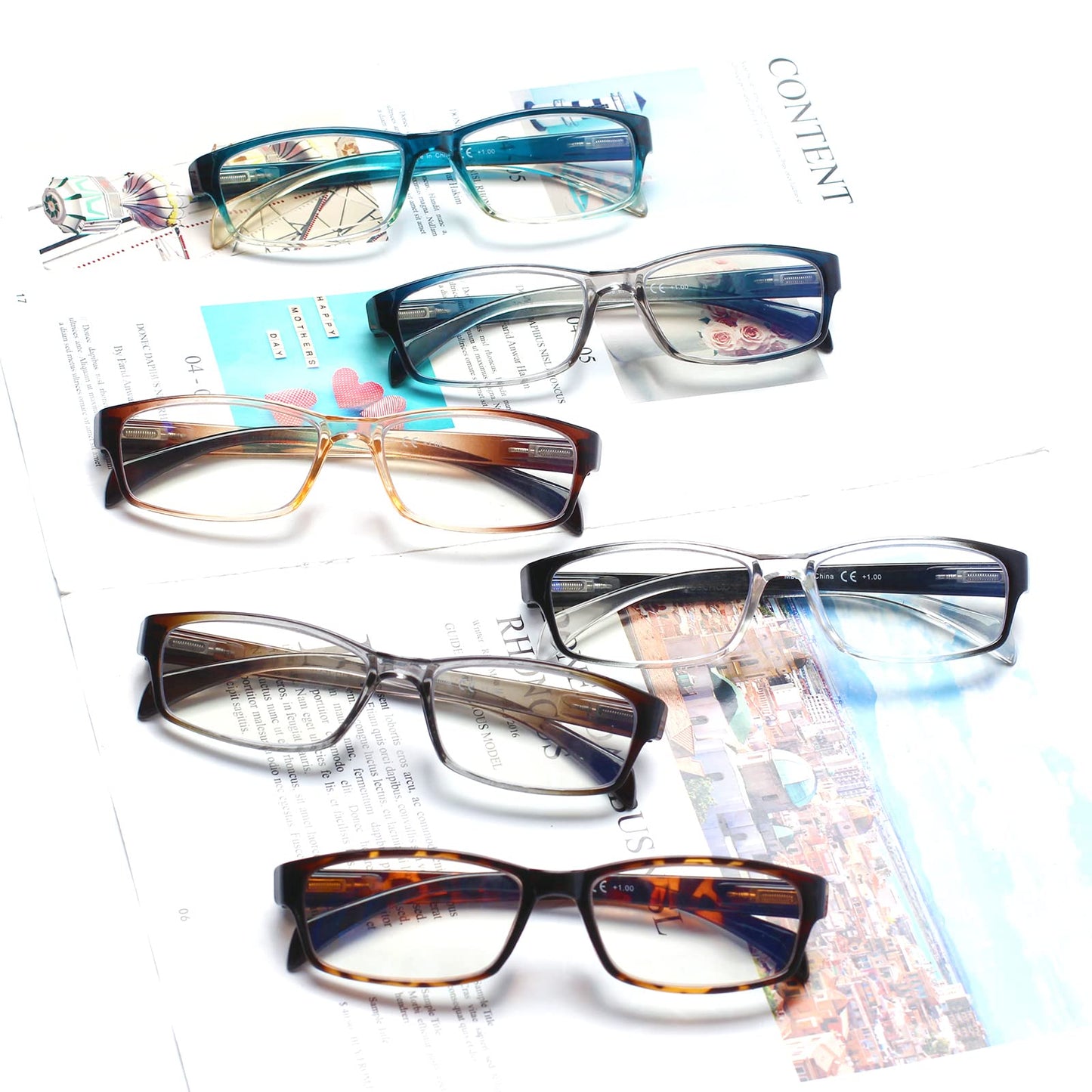 COJWIS Lesebrille 6 Pack herren und Damen Qualität Feder Scharnier Blaulichtfilter Leser Brille(6 Farbe Mischen-1, 2.00)
