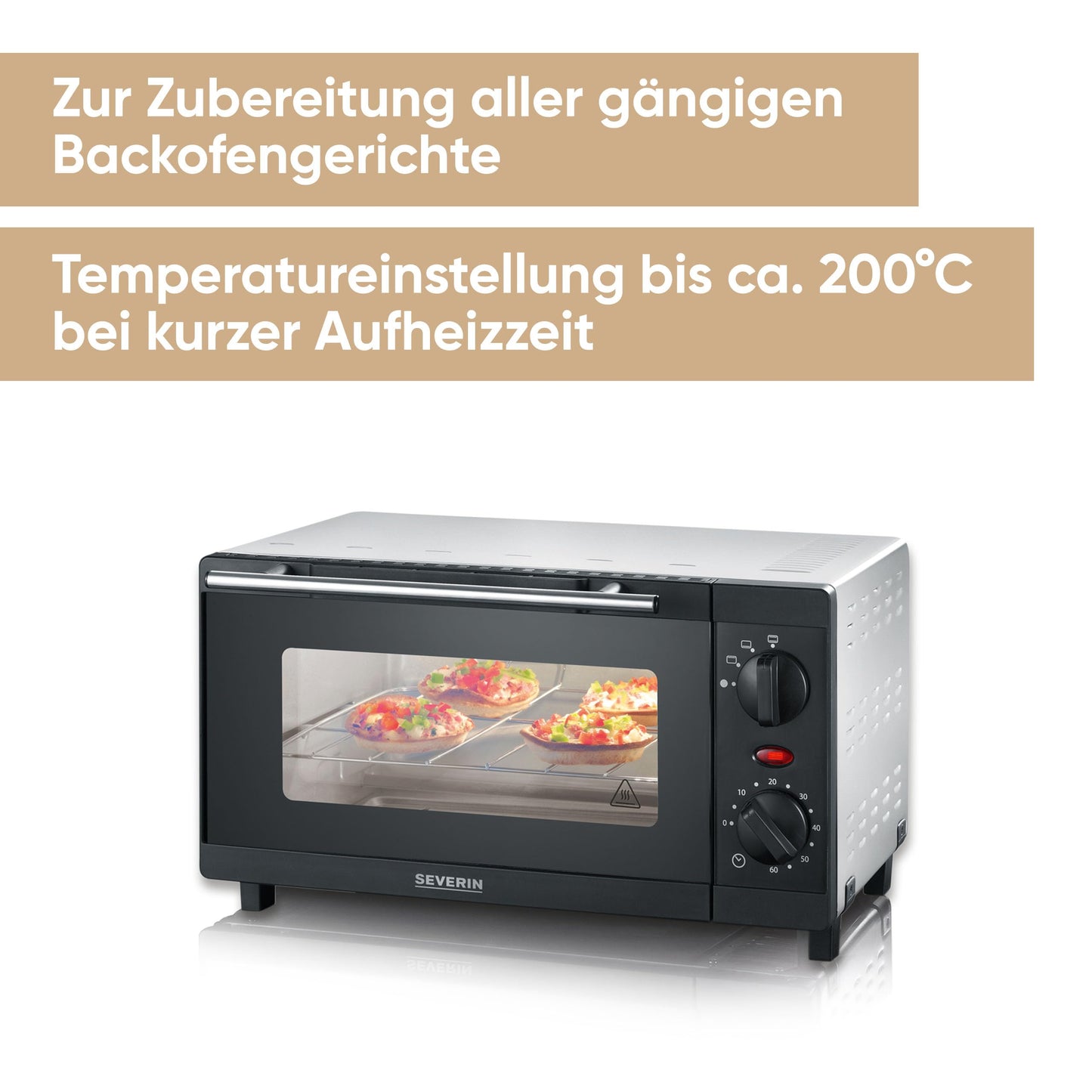SEVERIN Mini Back- und Toastofen, kompakter Backofen inkl. Grillrost und Backblech, mit Ober- und Unterhitze, 800W, 9 L, silber /schwarz, TO 2052