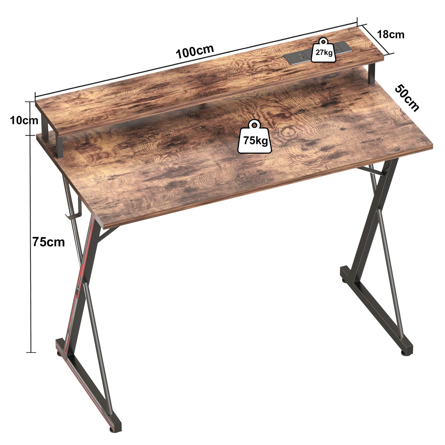 BEXEVUE Gaming Schreibtisch mit Steckdosenleiste LED – 100x50 cm Ergonomic Computer Gamer Tisch, Großer PC Monitorständer, Moderner X Rahmen, Kopfhörerhaken, Studium Arbeit Zuhause Schlafzimmer