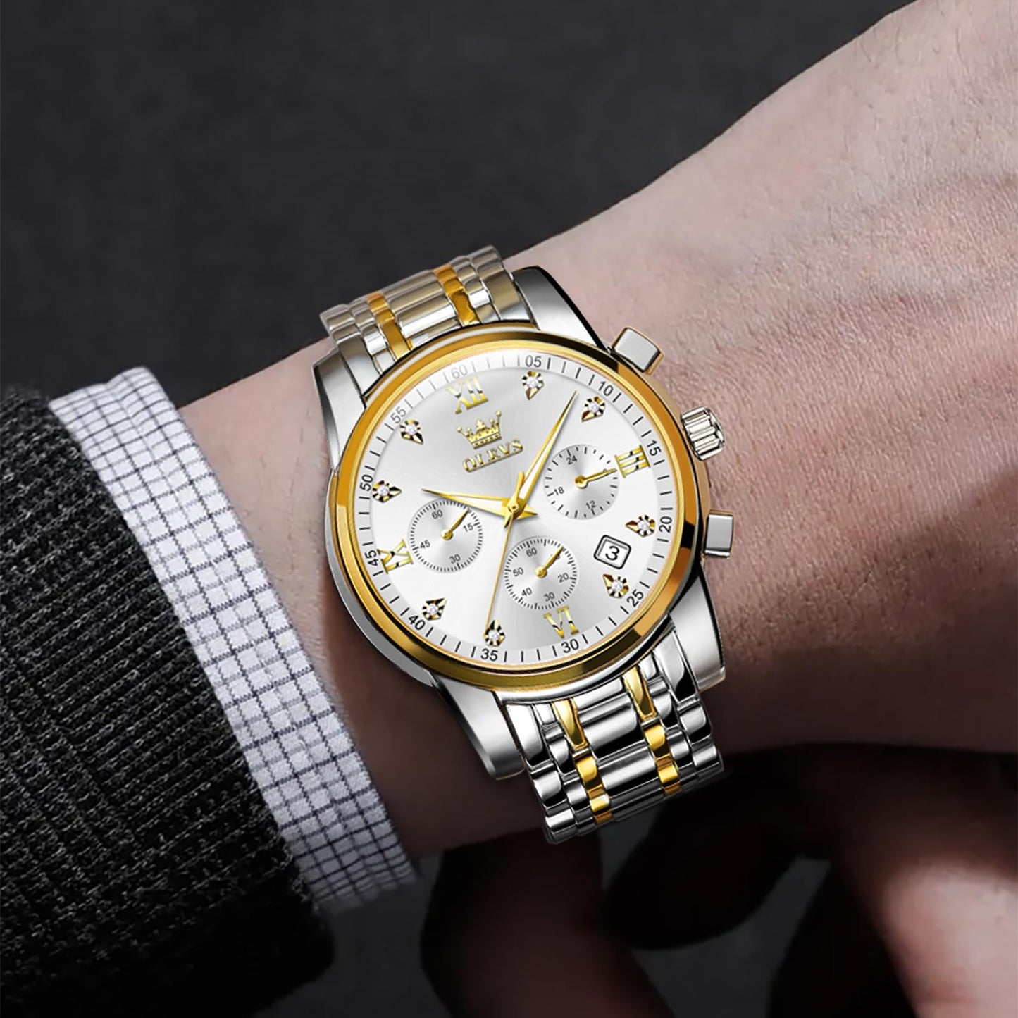 OLEVS Uhren Herren, Edelstahl Analoger Quarzuhr, Multifunktionale Diamanten Herrenuhren, Klassisches Luxuskleid Herrenuhr