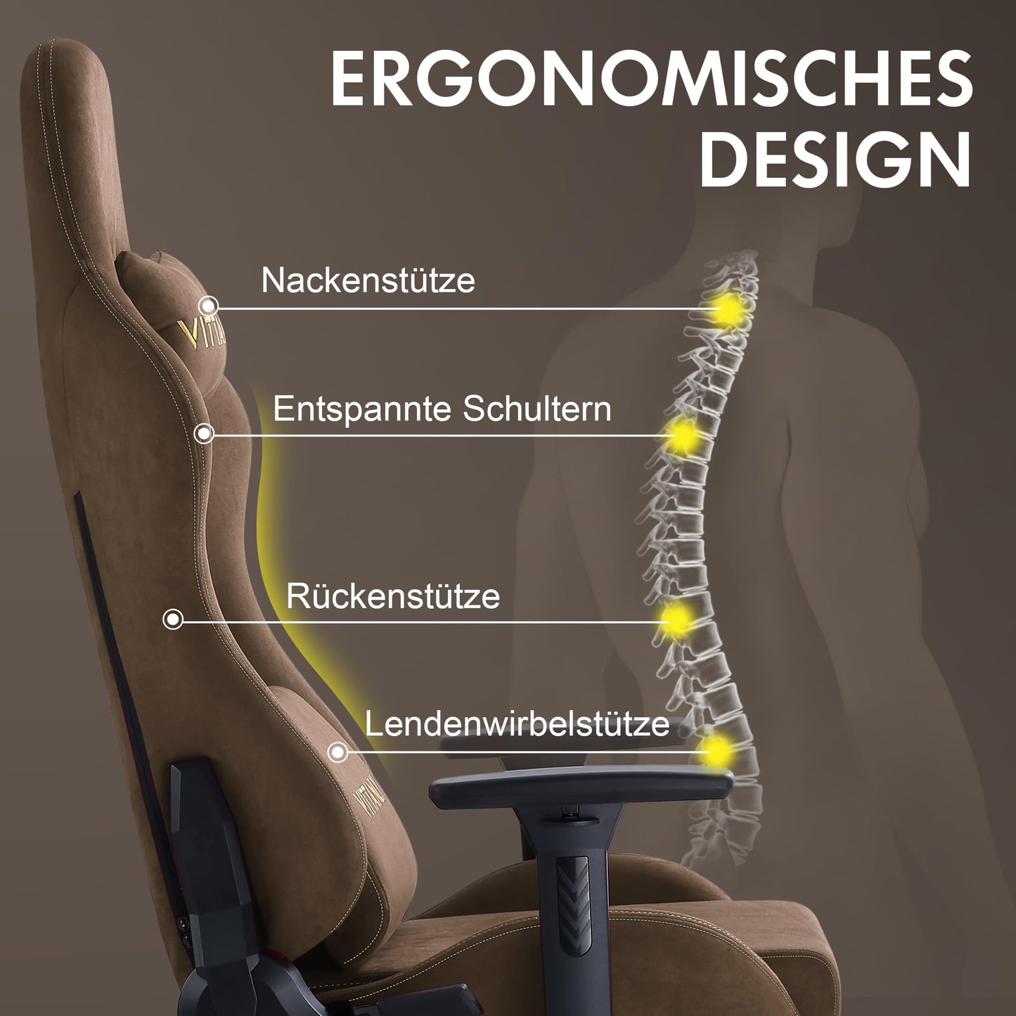 Vittanly Gaming Chair, Luxurious Breathable Imitation Suede Office Chair Gaming Chair, Ergonomic Gamer Chair with Footrest Headrest and Lumbar Cushion, 3D Armrests, 90-155° Backrest, Gray