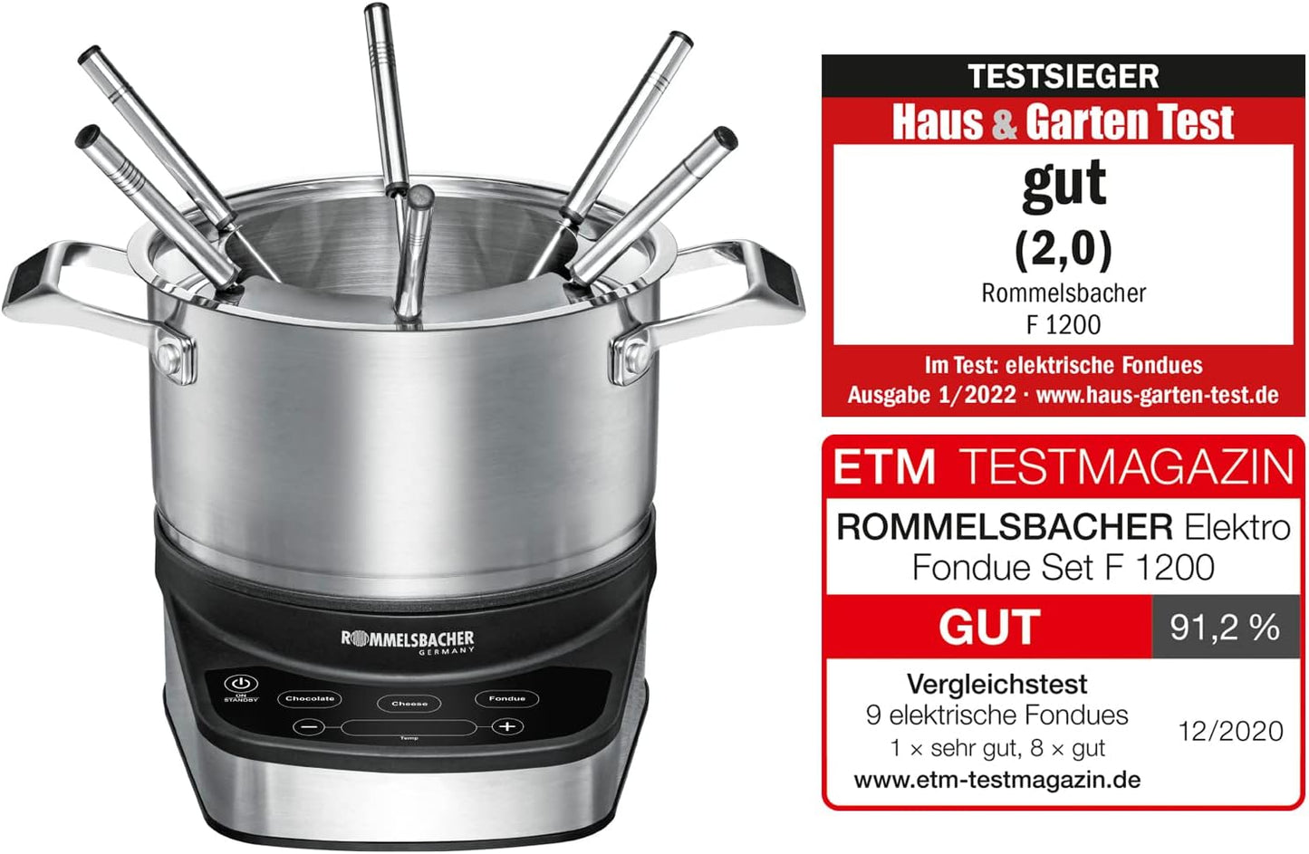 ROMMELSBACHER Electric Fondue Set F 1200 - Fondue Pot Made of Stainless Steel (2.5 Litres), 6 Fondue Forks, 3 Programmes, Extra Long Cable, High Temperature Accuracy, 1200 Watt