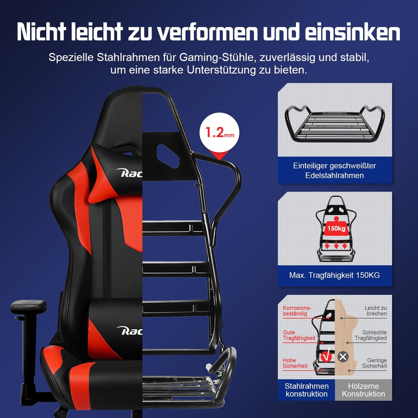 Homimaster Gaming Chair, Ergonomic Office Chair with Adjustable Lumbar Cushion, Head Cushion and Armrests, Padded Gaming Chair, Gamer Chair with Rocking Function, Gaming Chair 150 kg Load Capacity