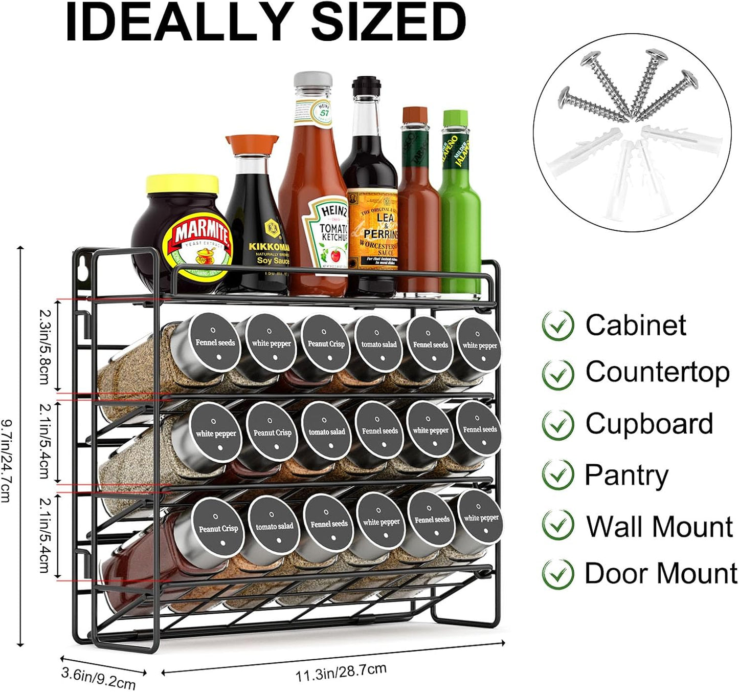 Priksia Gewürzregal Stehend & Wand - Gewürz Organizer - Gewürzregale Spice Rack Organizer für Küchen, Schrank, Speisekammer, Arbeitsplatte