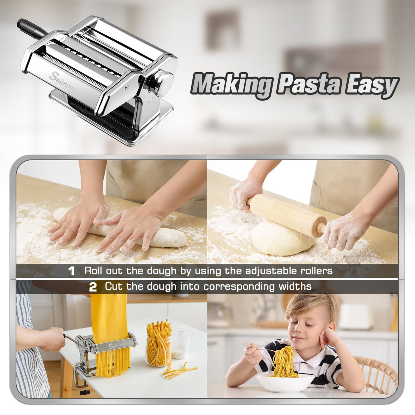 Nudelmaschine Pasta Maker Edelstahl Frische Manuell Pasta Walze Maschine Cutter mit Klemme für Spaghetti Nudeln Lasagne Bestes Pastamaschine Geschenk, Einfache Reinigung und Verwendung