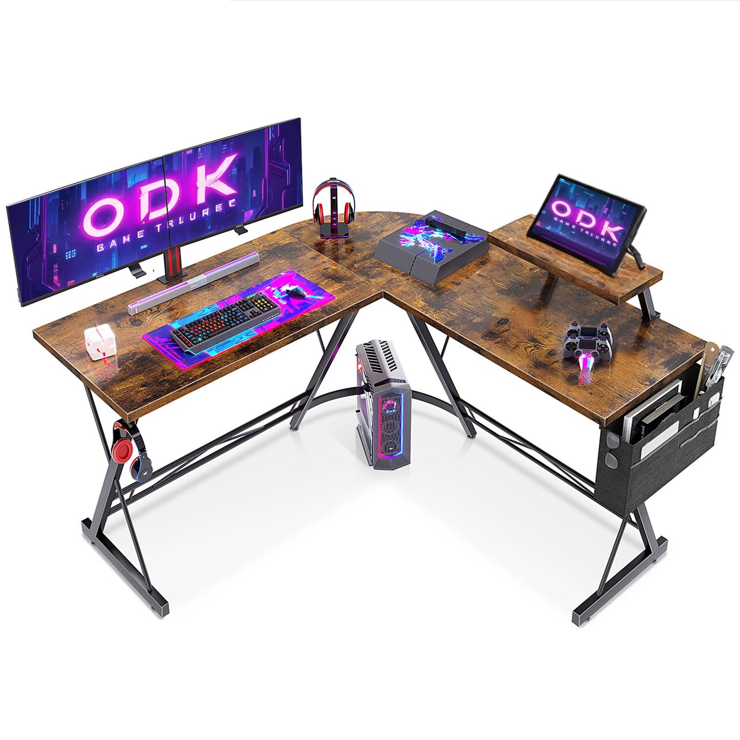 ODK Gaming Tisch, Gaming Schreibtisch Eckschreibtisch für Gamer, Schreibtisch L Form mit Monitorständer für Büro (Schwarz, 127 x 127 cm)