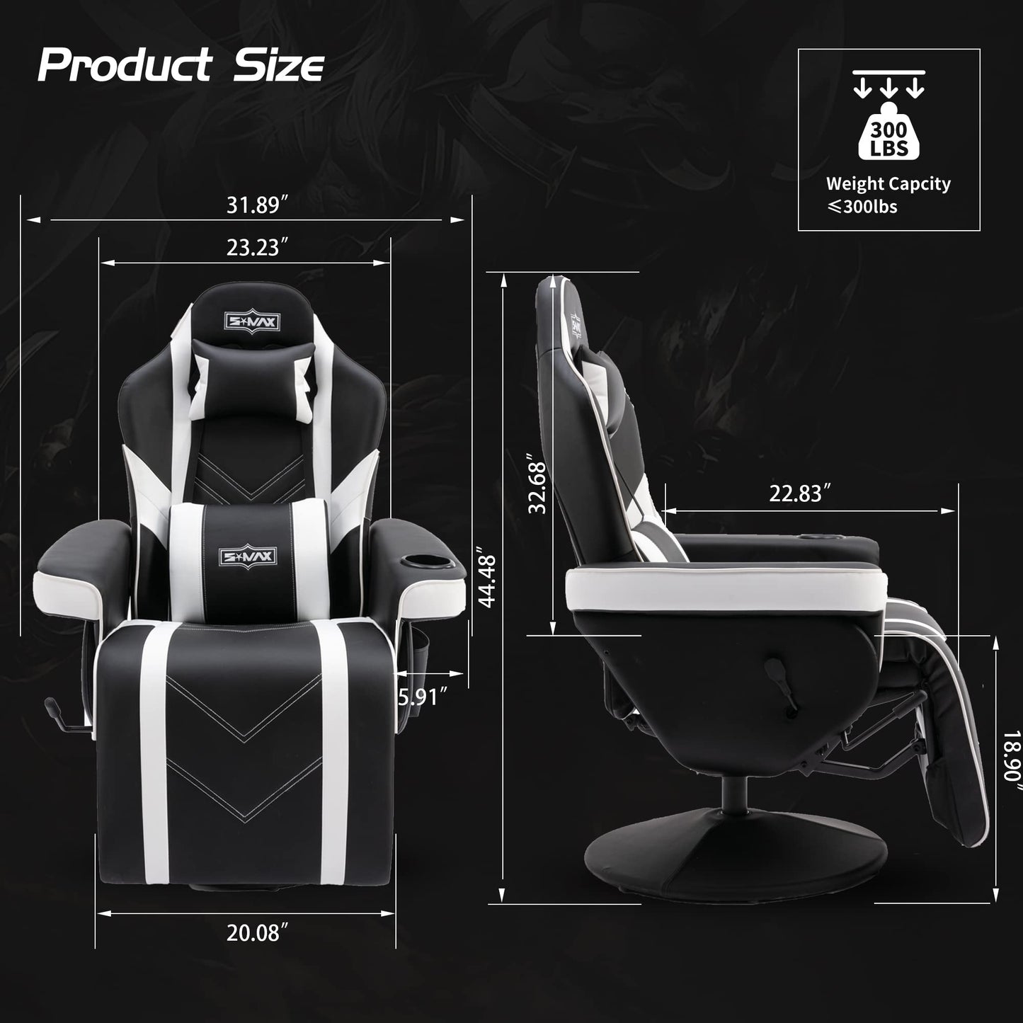 S*MAX Gaming Stuhl mit Fußstütze Gaming Sessel hoher Rückenlehne mit Verstellbarer Rückenlehne Becherhalter Seitentasche Gaming Stühle für Erwachsene Schwarz