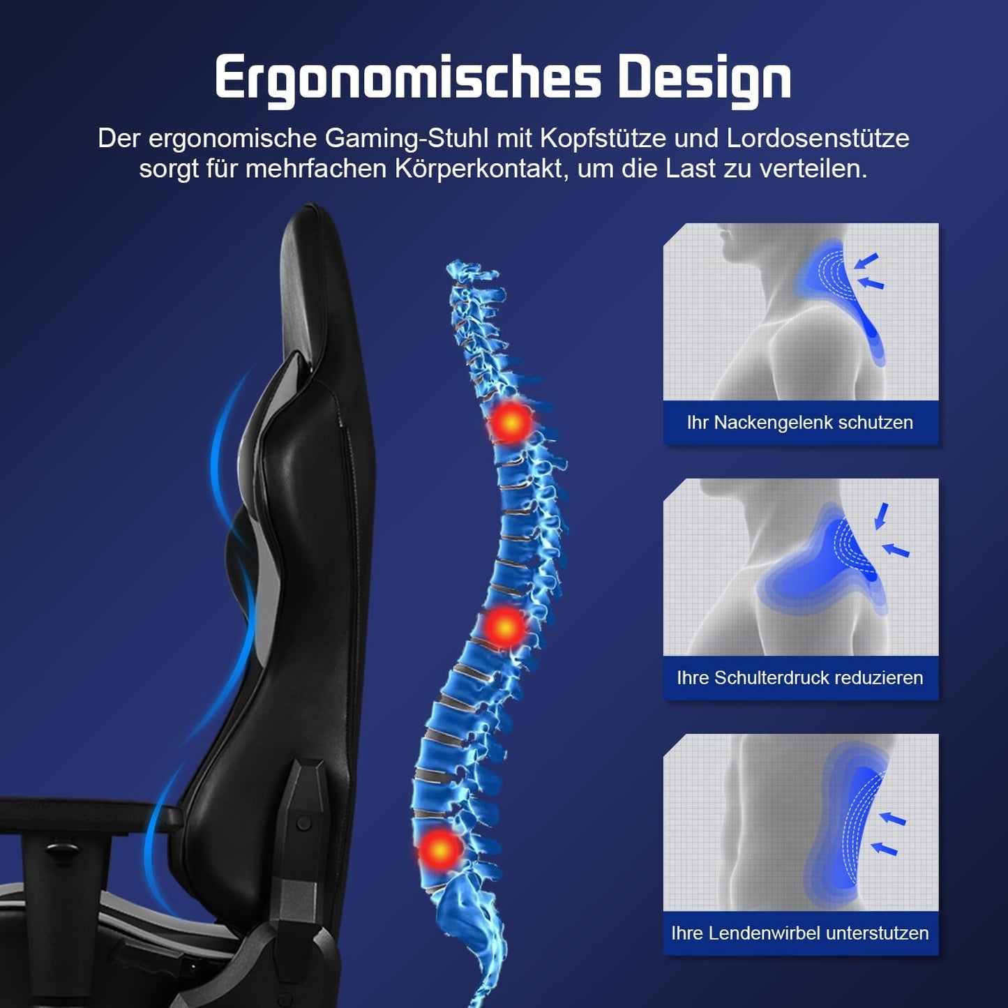 Homimaster Gaming Chair, Ergonomic Office Chair with Adjustable Lumbar Cushion, Head Cushion and Armrests, Padded Gaming Chair, Gamer Chair with Rocking Function, Gaming Chair 150 kg Load Capacity