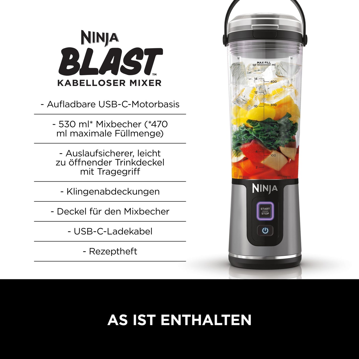Ninja Blast Tragbarer Mixer / Blender / Smoothie Maker, 530ml Becher, Auslaufsicherer Deckel, Leistungsstarker Mini Standmixer, Kabellos & Wiederaufladbar, Zerkleinert Eis & Obst, Schwarz