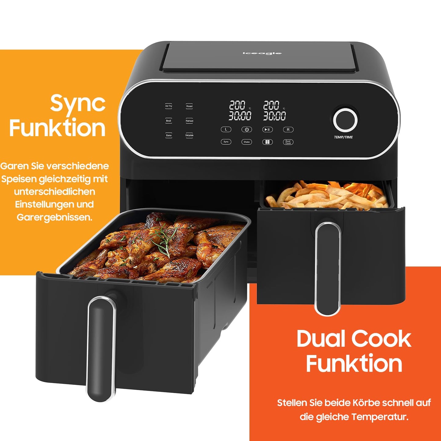 iceagle Heißluftfritteuse 6,5 L Airfryer XL - Fritteuse Ohne Fett mit Metallinnenraum | 1700W Heissluftfriteuse mit 8 Kochprogramme, Digitalem Display, mit deutschem Rezeptbuch