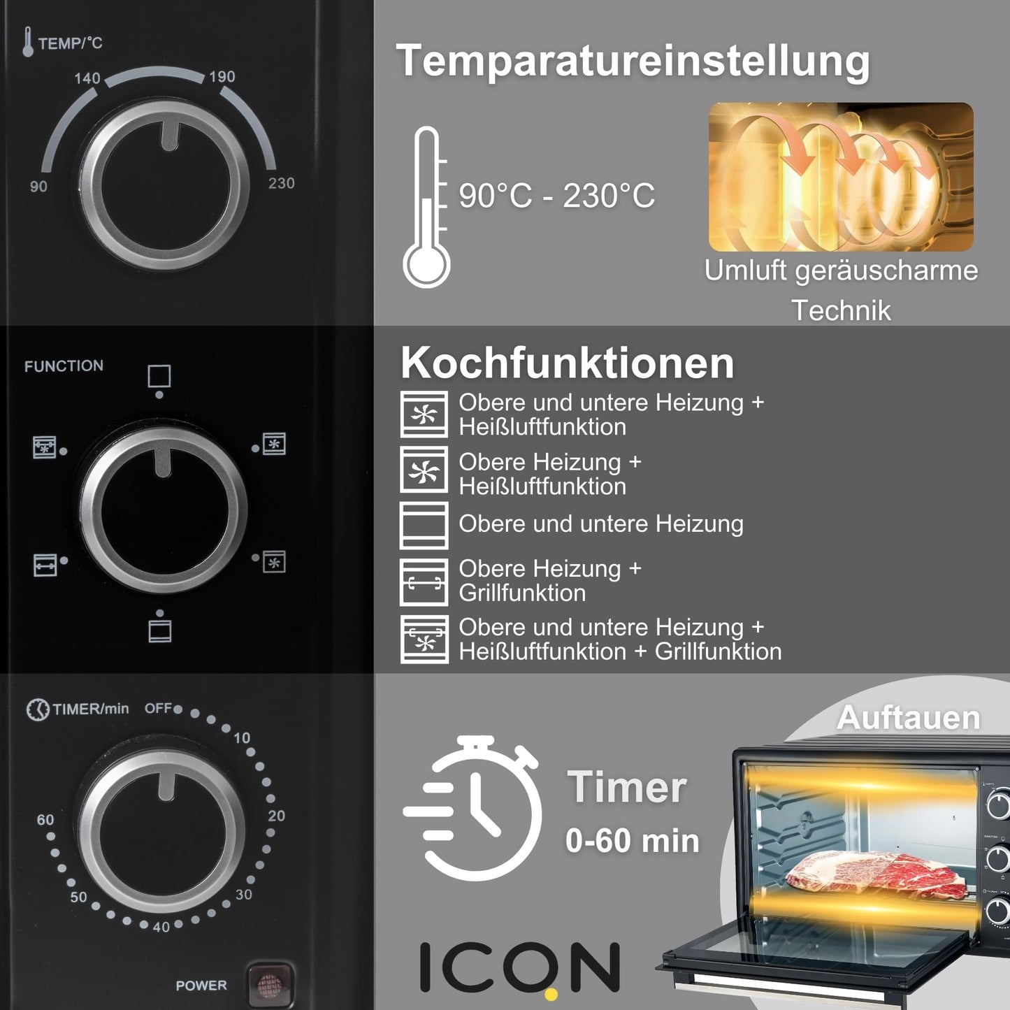 ICQN Kompakter Minibackofen 15 Liter, 1200W, 60 min-Timer, 3 Kochfuntionen, 90°-230°C, Kleiner Camping Ofen, Anthrazit, 2-Jahre Garantie