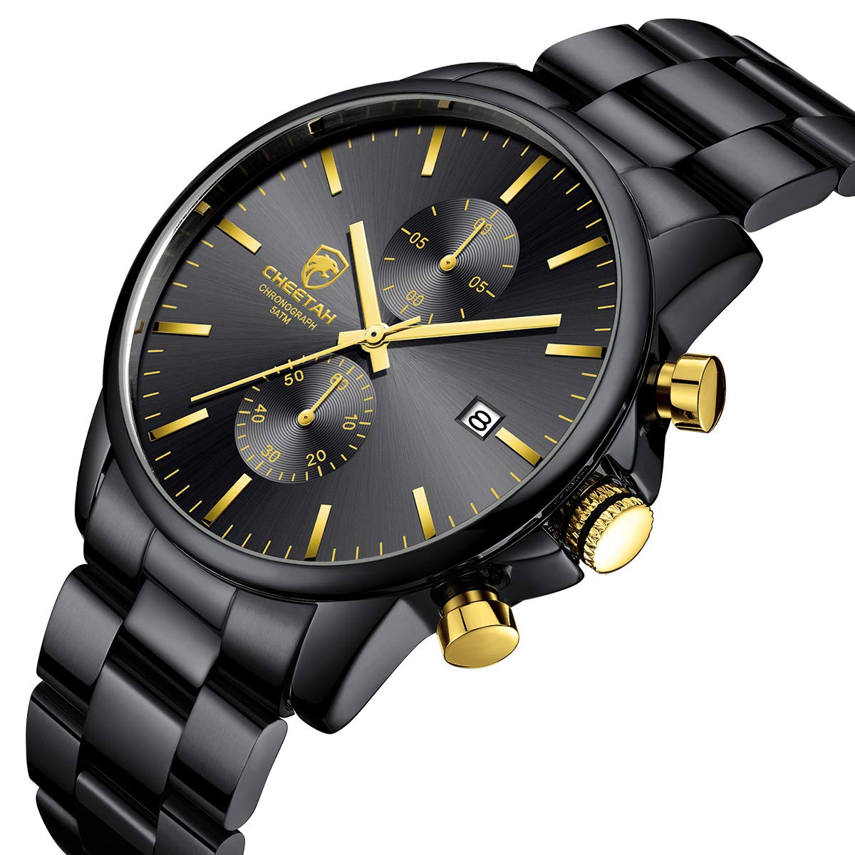 Herrenuhren mit lässiger wasserdichter Chronographen Quarzuhr aus Edelstahl und Metall, Auto Date in farbenfrohen Zeigern