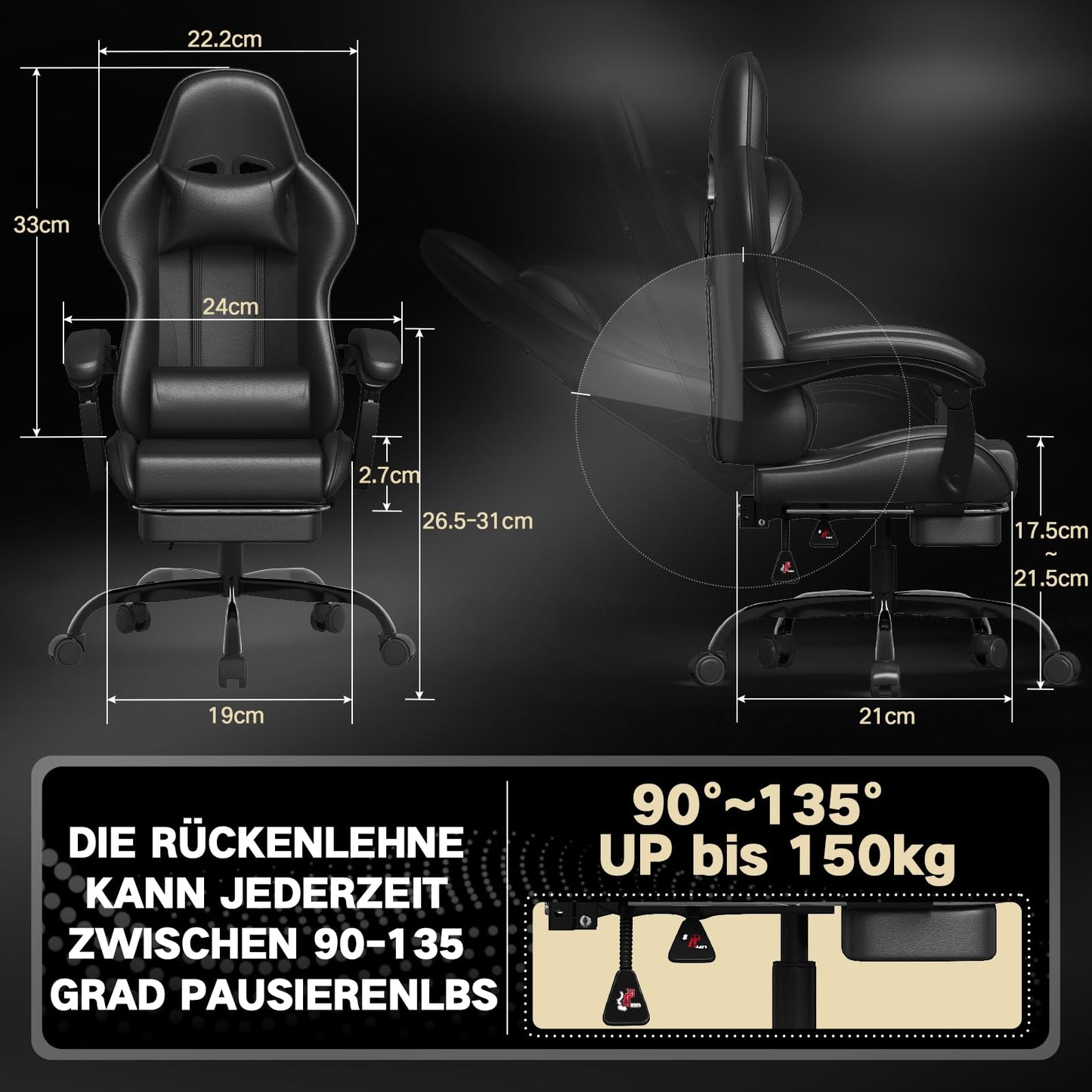 Devoko Massage Gaming Chair, Office Chair with Footrest and Massage Lumbar Cushion, Gamer Chair with Headrest, Ergonomic Gaming PC Chair 150 kg Load Capacity, Black