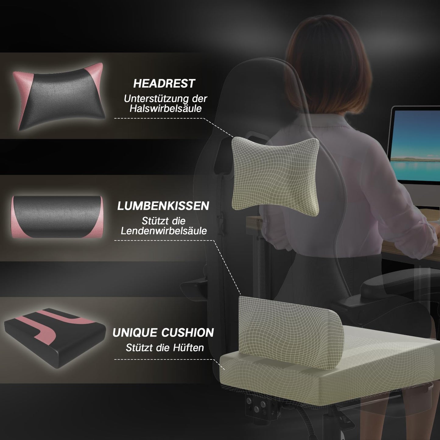 Devoko Massage Gaming Chair, Office Chair with Footrest and Massage Lumbar Cushion, Gamer Chair with Headrest, Ergonomic Gaming PC Chair 150 kg Load Capacity, Black