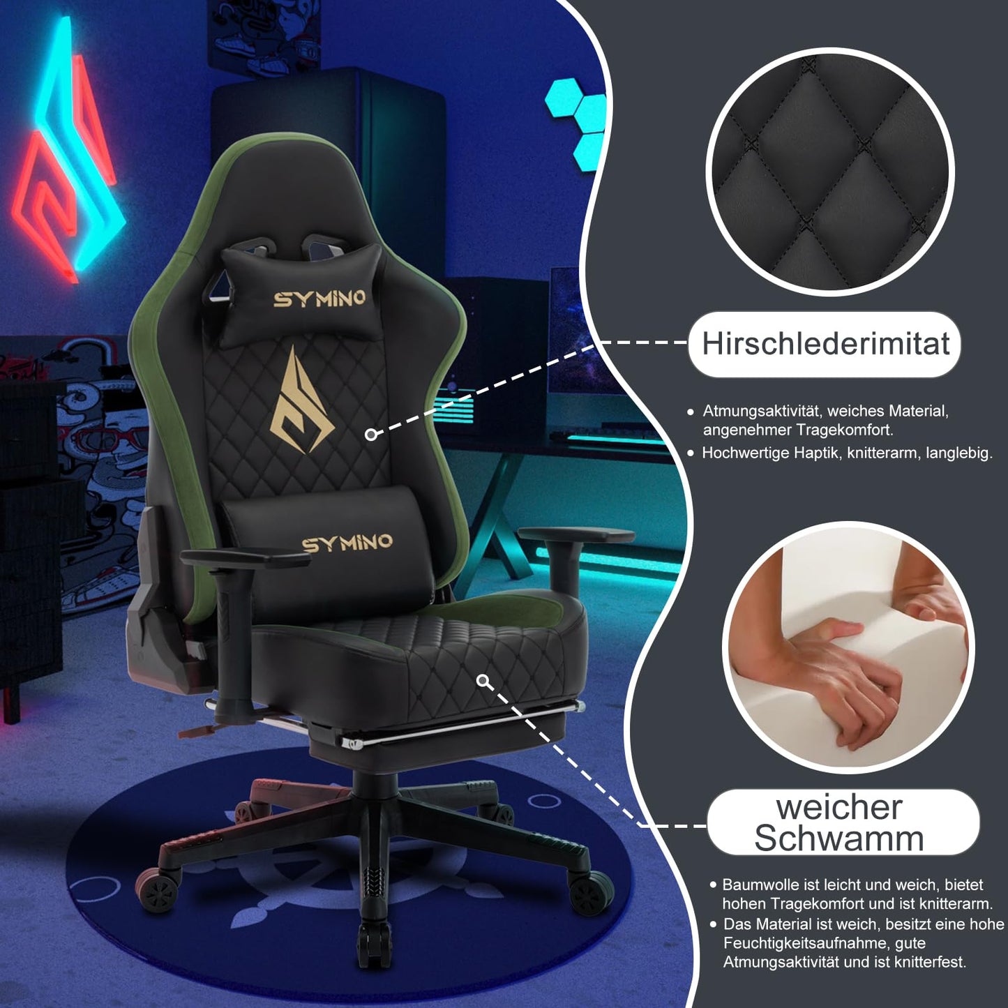 symino Gaming Stuhl, Ergonomischer Bürostuhl, Rennstuhl-Design PC Stuhl, Vintage-PU-Leder, Verstellbarer Drehbarer Task Stühle mit Fußstütze (Schwarz)