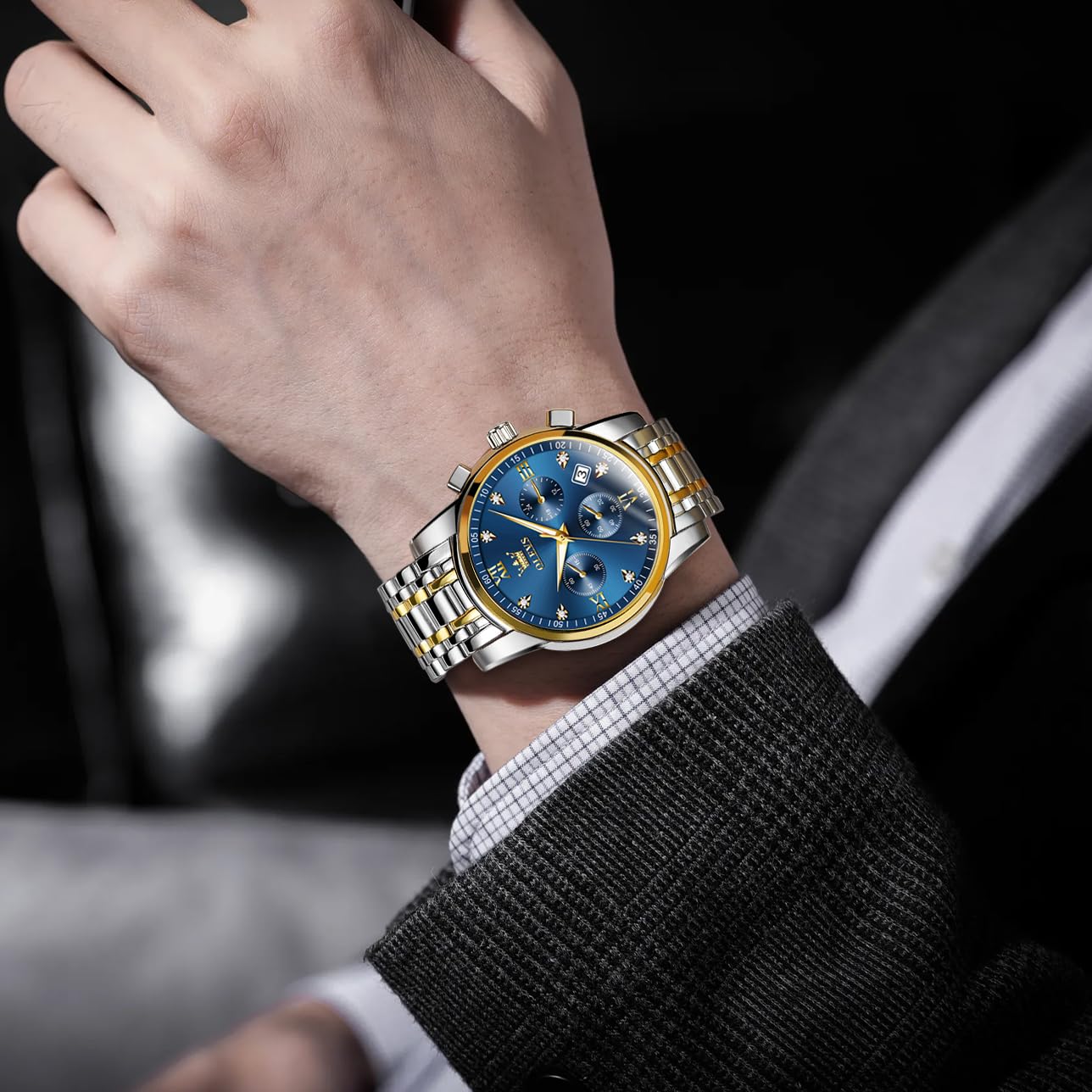OLEVS Uhren Herren, Edelstahl Analoger Quarzuhr, Multifunktionale Diamanten Herrenuhren, Klassisches Luxuskleid Herrenuhr