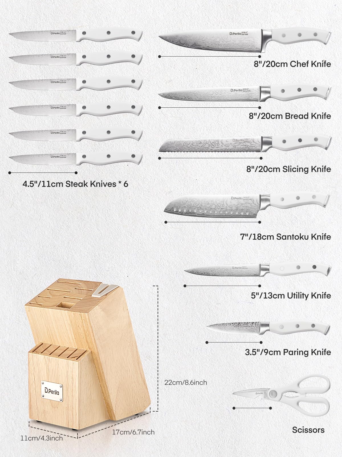 D.Perlla Messerblock Set, 14-TLG Selbstschärfender Messerblock, Scharf Edelstahl Messerset Set mit Kunststoff-Griff und Holzblock, Profi Küchenmesserset, Schwarz
