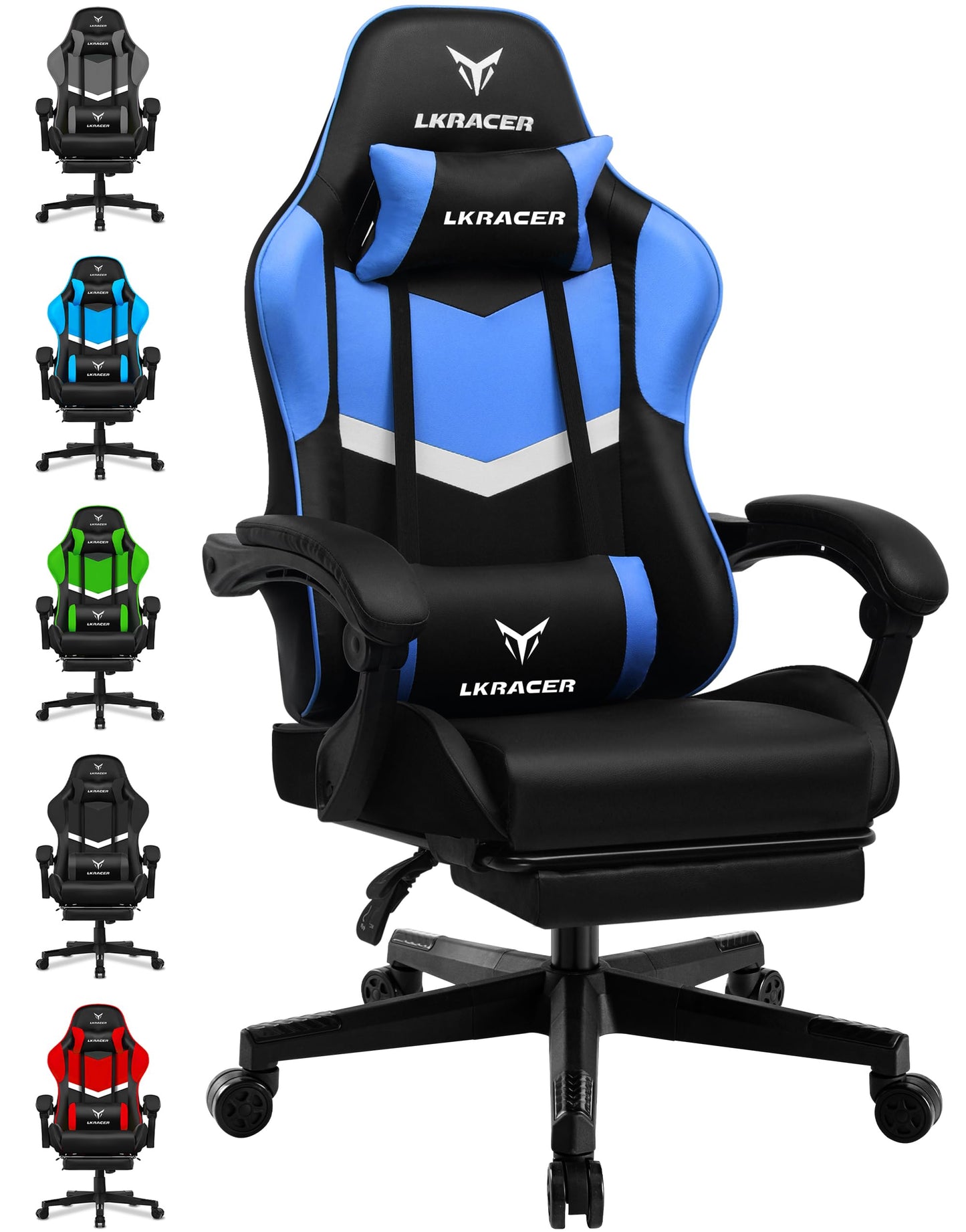 LUCKRACER Gaming Stuhl mit fußstütze Bürostuhl Ergonomisch mit verstellbare Lendenkissen, Kopfkissen Gaming Chair,Höhenverstellbarer Gamer Stuhl, 150 kg Belastbarkeit Grau