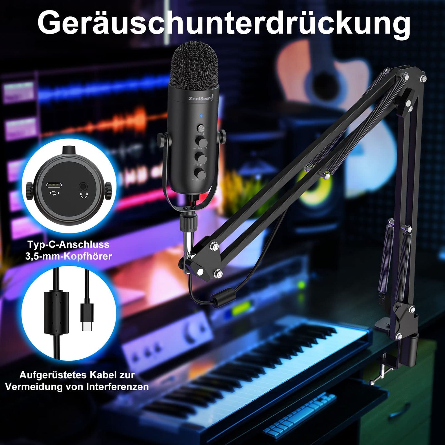 zealsound USB Mikrofon, Kondensator Mikrofon für PC Handy, PS4, PS5, Microphone PC USB C für Gaming, Podcast,Aufnahmen,Streaming,ASMR mit Stumm/Gain/Echo, Adapter für Phone,Kompatibel mit Mac, Winows