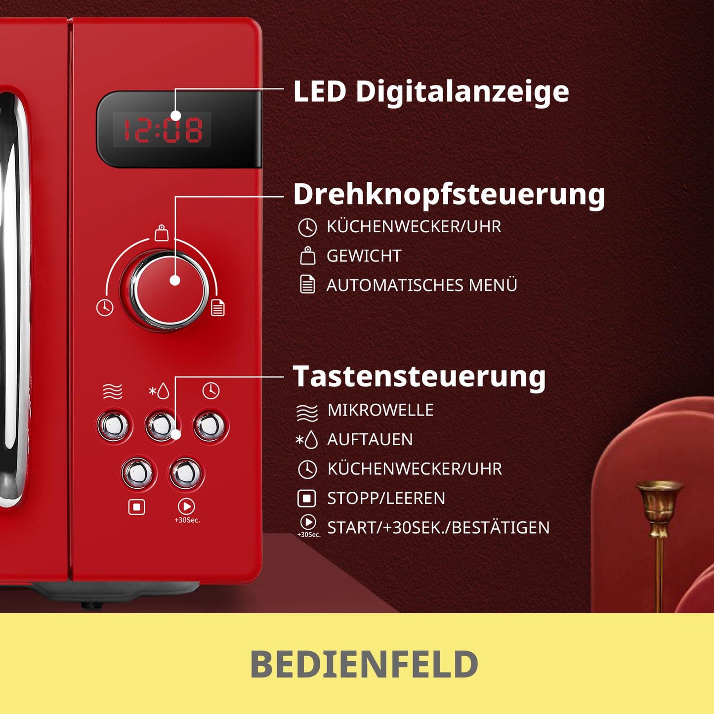 Comfee CMSN 20 wh Mikrowelle / Solo-Mikrowelle mit 5 Leistungsstufen/ Innenbeleuchtung/ easy Defrost/360°Drehteller / Zwei Drehregler/20L/700W/ Weiß, Mechanisch