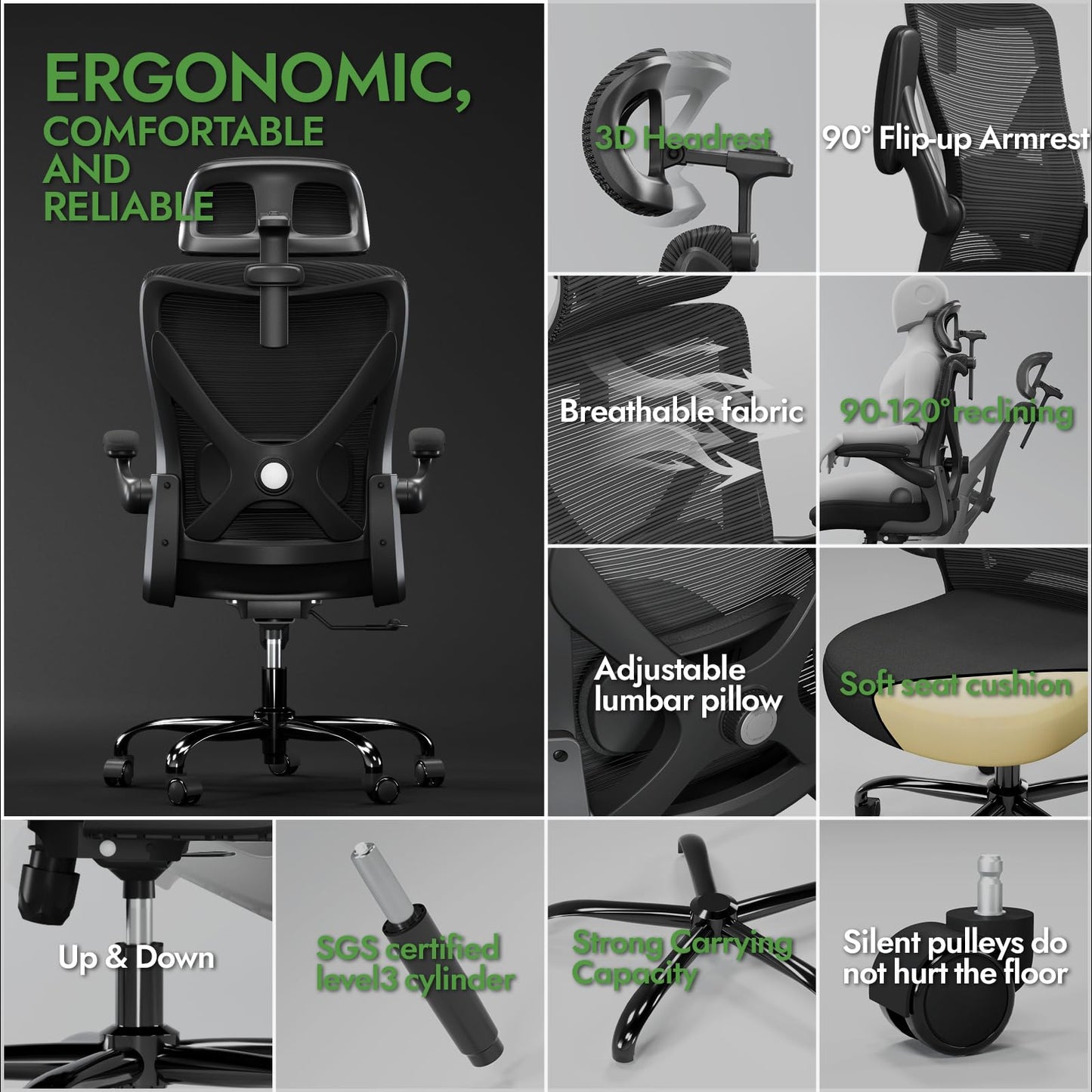 TRALT Ergonomischer Bürostuhl - X-förmiger bequemer Computer-Bürostuhl, Gaming-Stuhl, Bürostuhl mit Lendenwirbelstütze, Netz-Bürostuhl mit Kopfstütze (Grau-Silber)