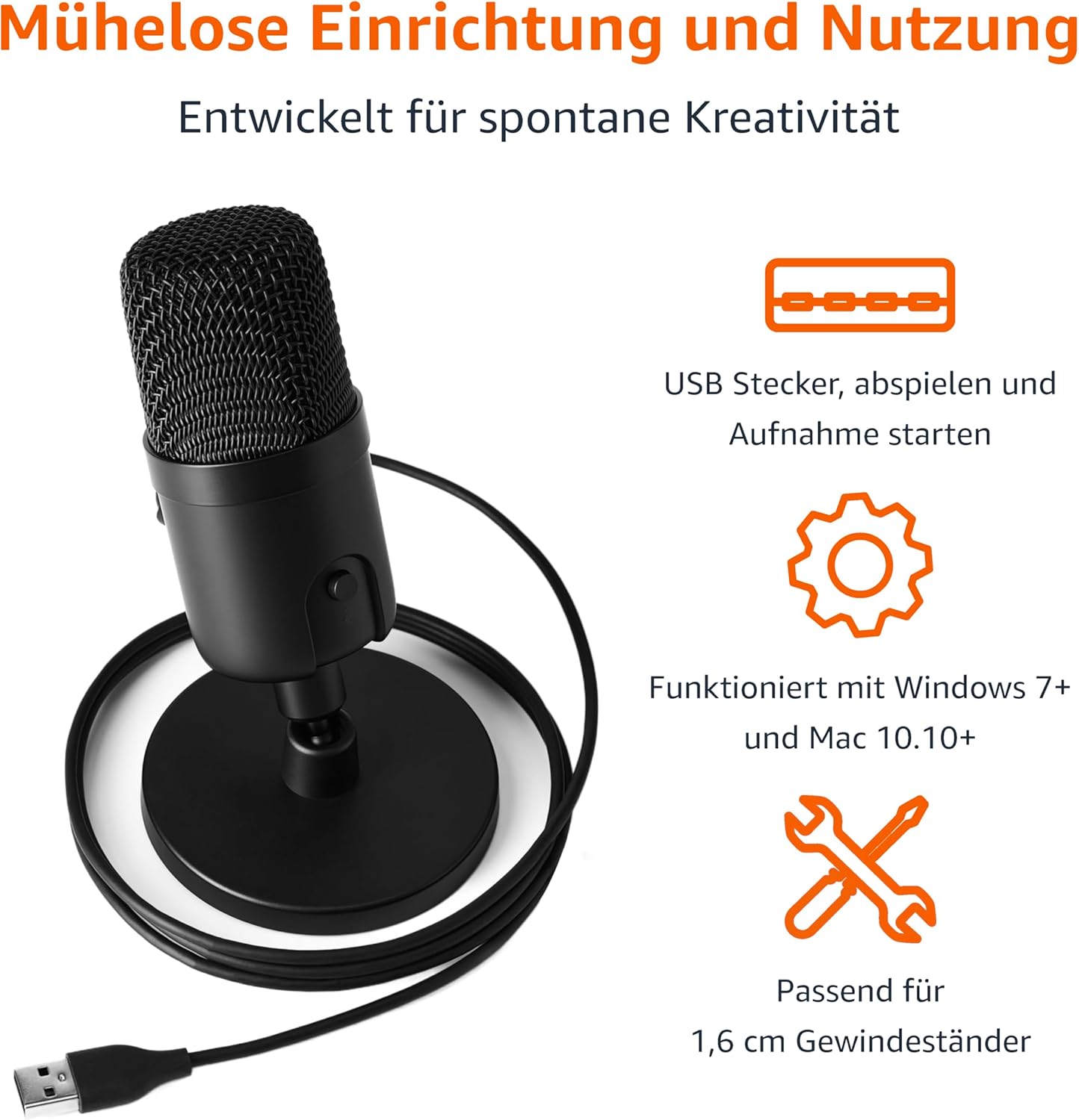 Amazon Basics Mini-USB-Kondensatormikrofon für Streaming, Gaming, Podcasting, mit Cardioid-Tonabnehmer, 5.8 x 3.4 inches, schwarz
