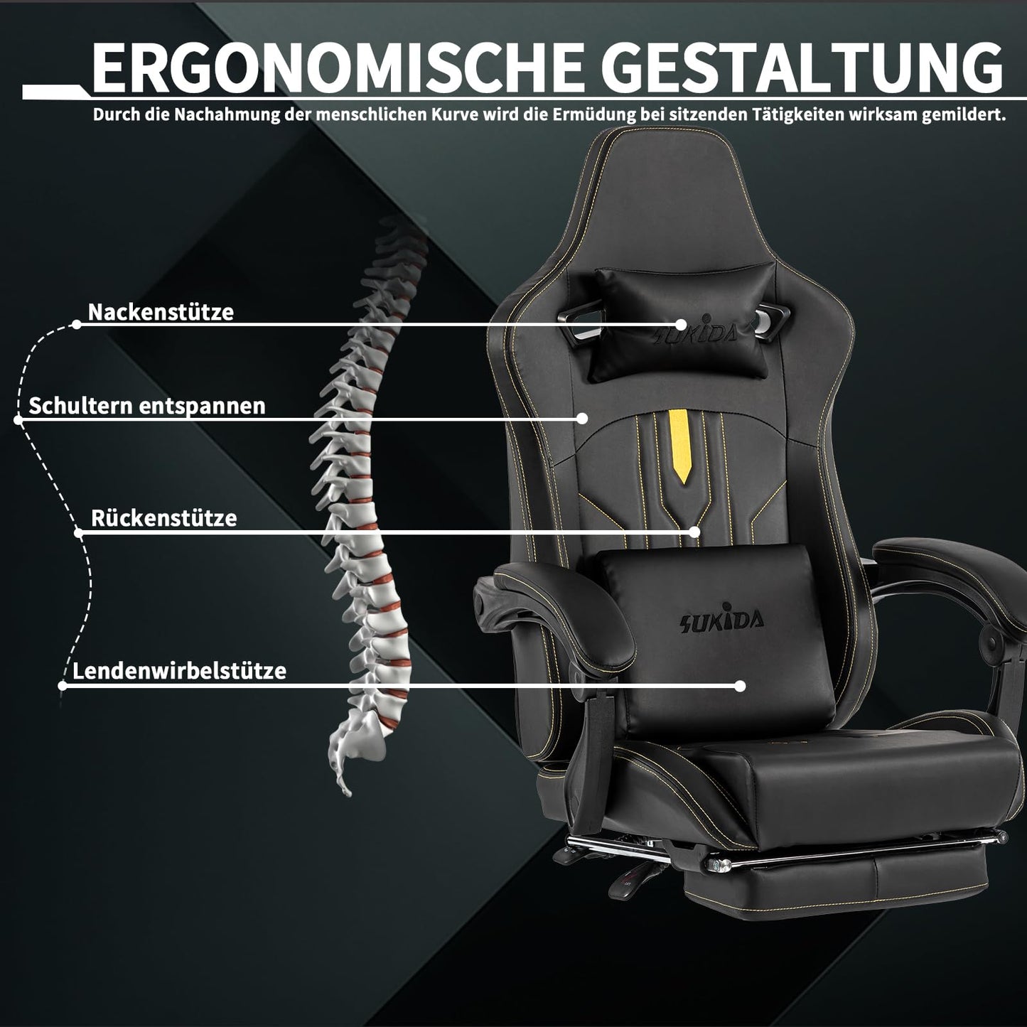 SUKIDA Gaming Stuhl Computerstuhl Ergonomischer Gaming Chair mit Fußstütze Bürostuhl Ergonomischer Computerstuhl mit Lendenwirbelstütze Schwarz