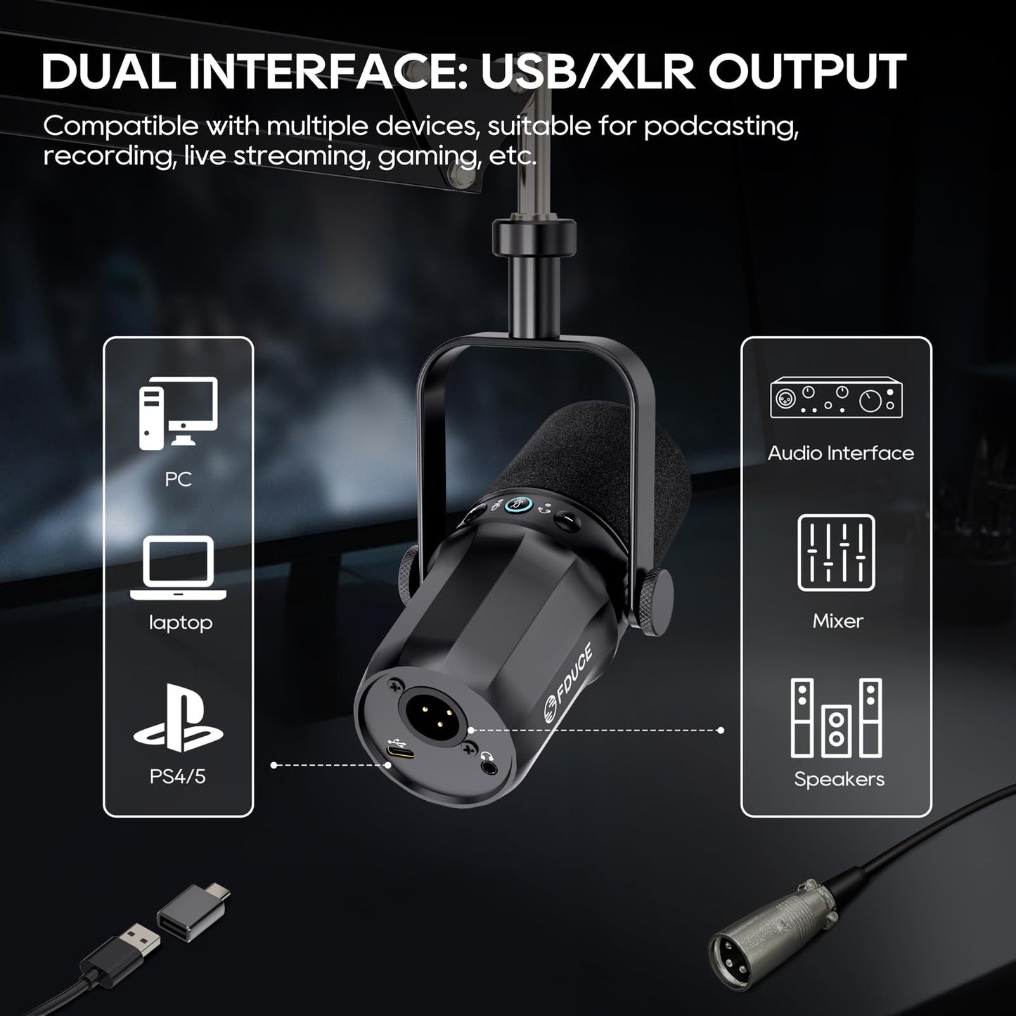 FDUCE SL40X XLR Dynamic Microphone Set for Vocal Recording, Podcasting, Gaming, Live Streaming and Broadcasting, All-Metal Microphone, Voice Isolating Technology, Black