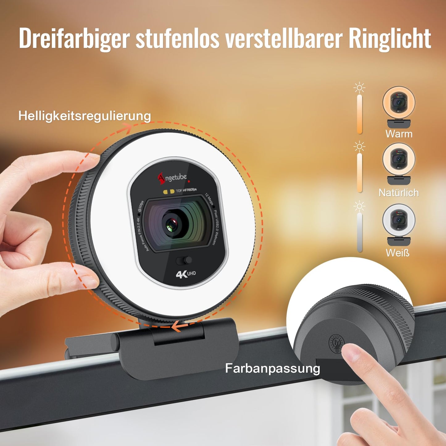 Angetube Webcam 4K mit Licht – Streaming-Kamera für PC mit Dual-AI-Rauschunterdrückungs-Mikrofon, Auto-Fokus und eingebautem Sichtschutz. USB 1080P 60FPS Webcam für Laptop und Mac