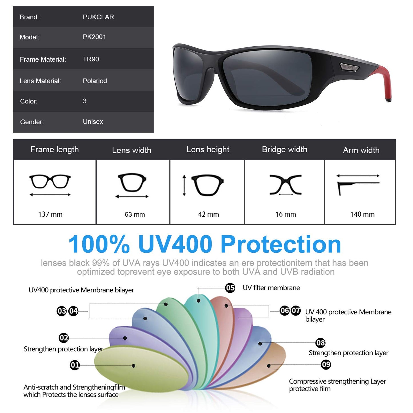 PUKCLAR Sonnenbrille Herren Polarisierte Sportbrille Radsportbrillen Fahrerbrille UV400 Schutz Cat 3 TR90