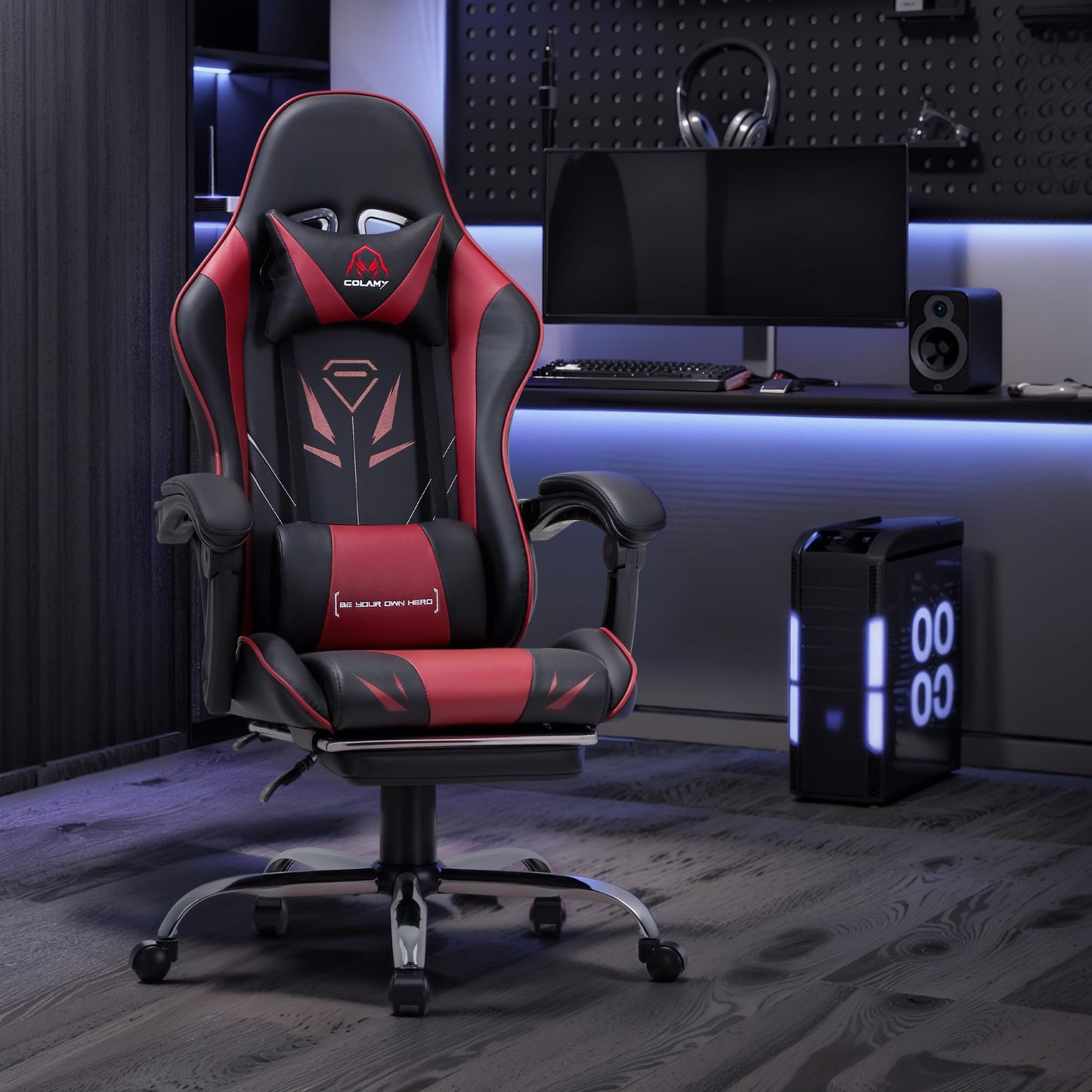 COLAMY Gaming Stuhl, Computer Stuhl mit Fußstütze und Lendenwirbelstütze, höhenverstellbarer Gaming Chair mit 360°-Drehsitz und Kopfstütze, Video Gamer PC Stuhl, Ergonomische hohe Rückenlehne, Weiß