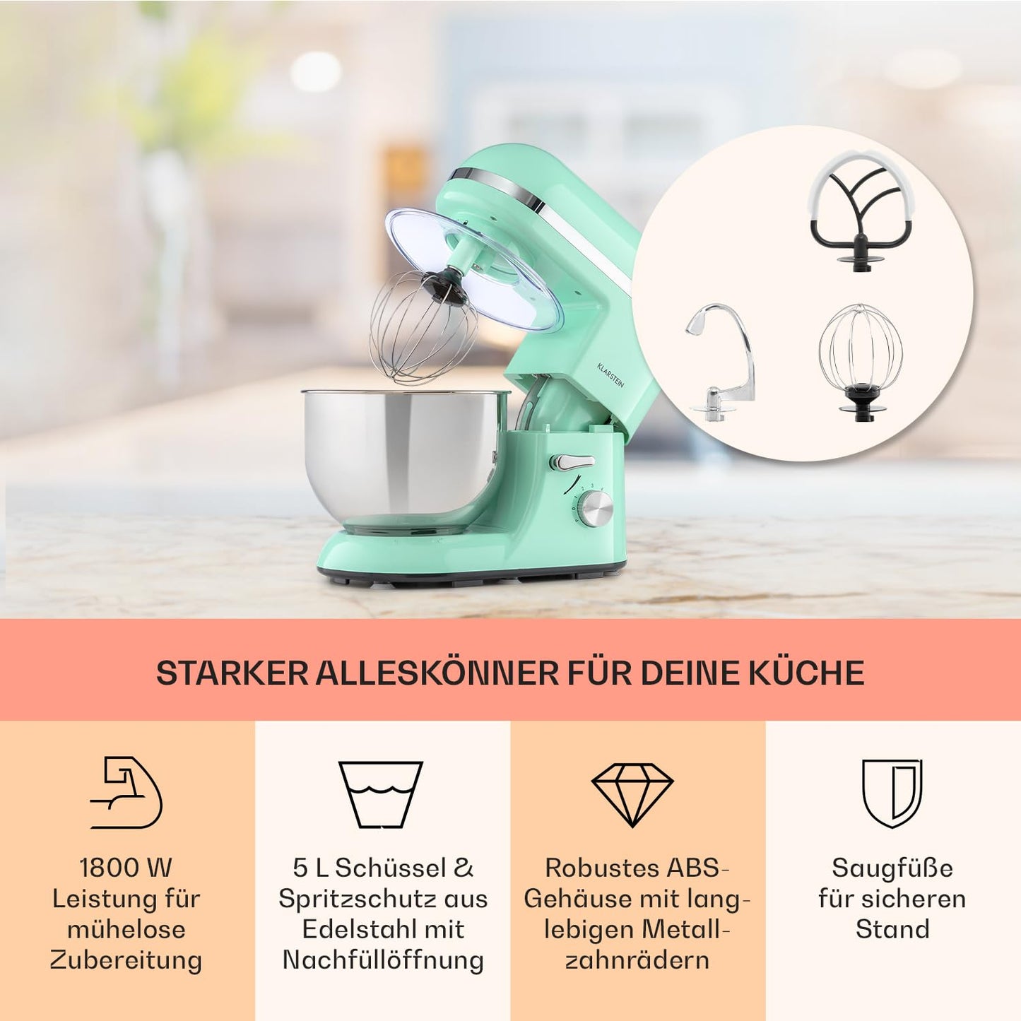 Klarstein Küchenmaschine, Knetmaschine mit 5L Schüssel, 1800W Profi Küchenmaschine mit Knethaken und Schneebesen, Universal Küchenmaschine mit 6 Stufen, Teigmaschine zum Rühren, Kneten und Aufschlagen