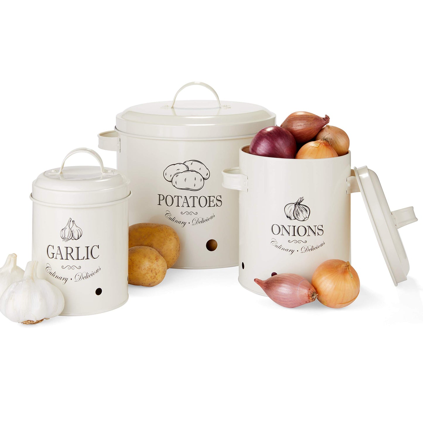 HIKITCHEN® Vorratsbehälter-Set für länger frisches Gemüse (schwarz) - Stilvolle Kartoffel-, Knoblauch- und Zwiebel-box/topf - Gemüsebehälter
