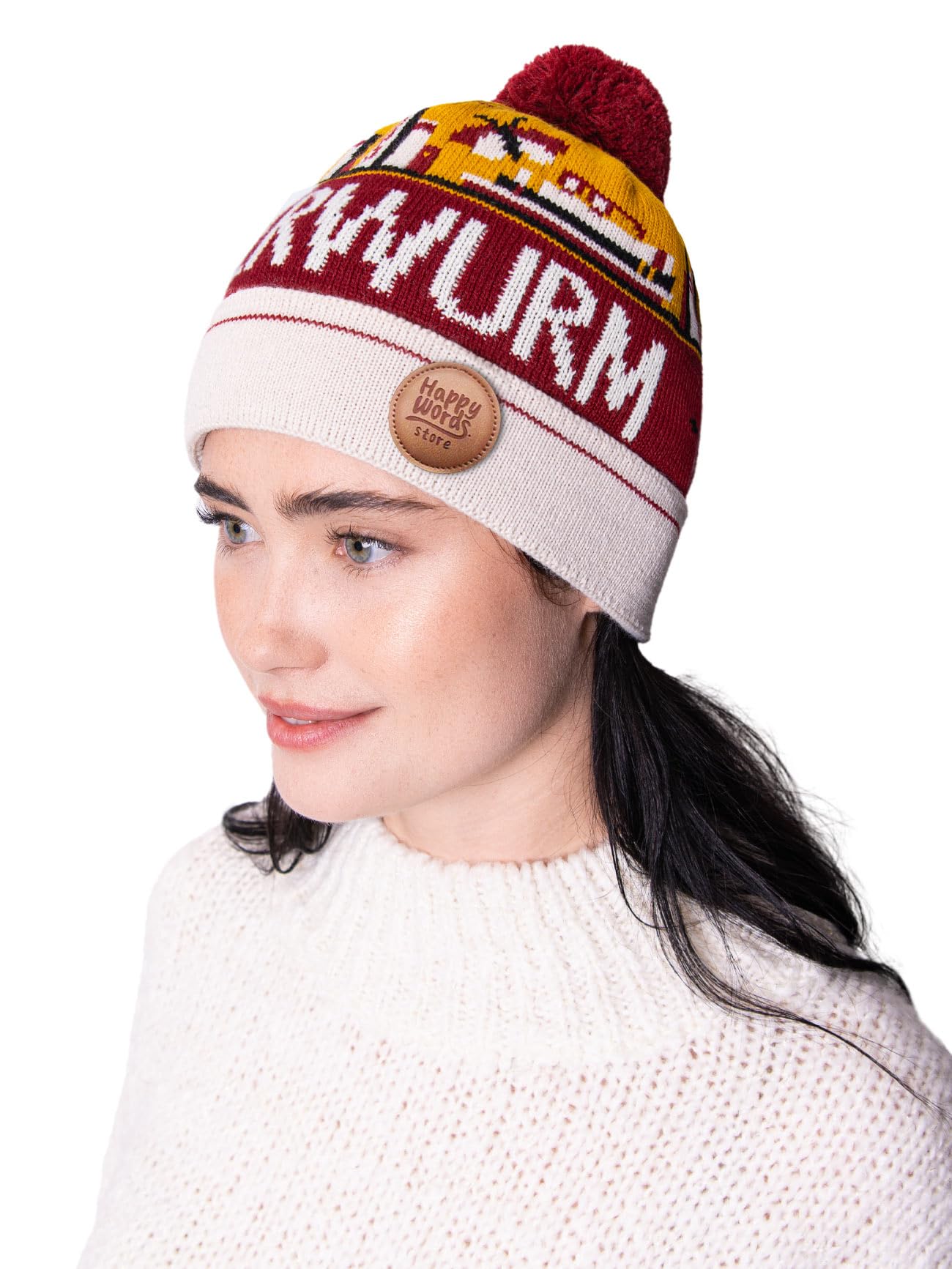 Happy Words Hats, Hats & Caps for Men and Women - Men's Hat with Bobble - Warm Winter Hat with Colourful Pattern - Knitted Hat Made of Acrylic Fabric - Gifts for Women and Men