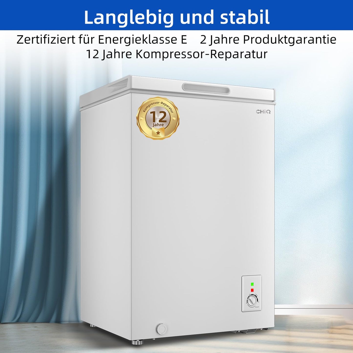 CHiQ Gefriertruhe 99 L, 54,5 x 47,6 x 83,5 cm, 4-Sterne-Gefrieren, Thermostatsteuerung, Drahtgestell, Schwebetür, Geräuscharm, Weiß