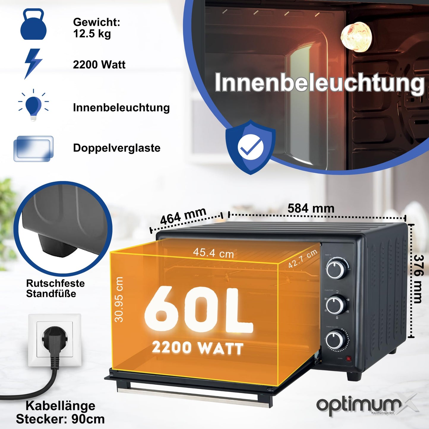 OptimumX 20 L Minibackofen, Klein mini Backofen mit Umluft, 60 Min Timer, Pizza-Ofen, 1380 W, Schwarz