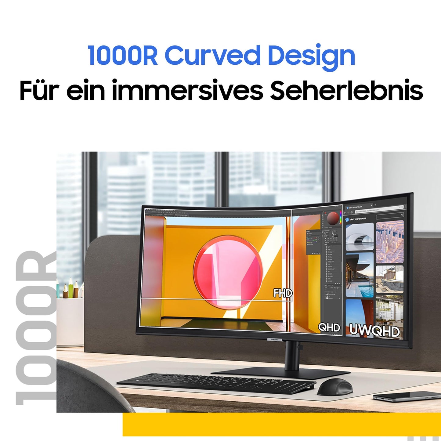 Samsung ViewFinity S50C Monitor S34C500GAU, 34 Zoll, VA-Panel, Ultra WQHD Auflösung, Eco Saving Plus, AMD Freesync, HDR10, 5 ms Reaktionszeit, Bildwiederholrate 100 Hz, Schwarz