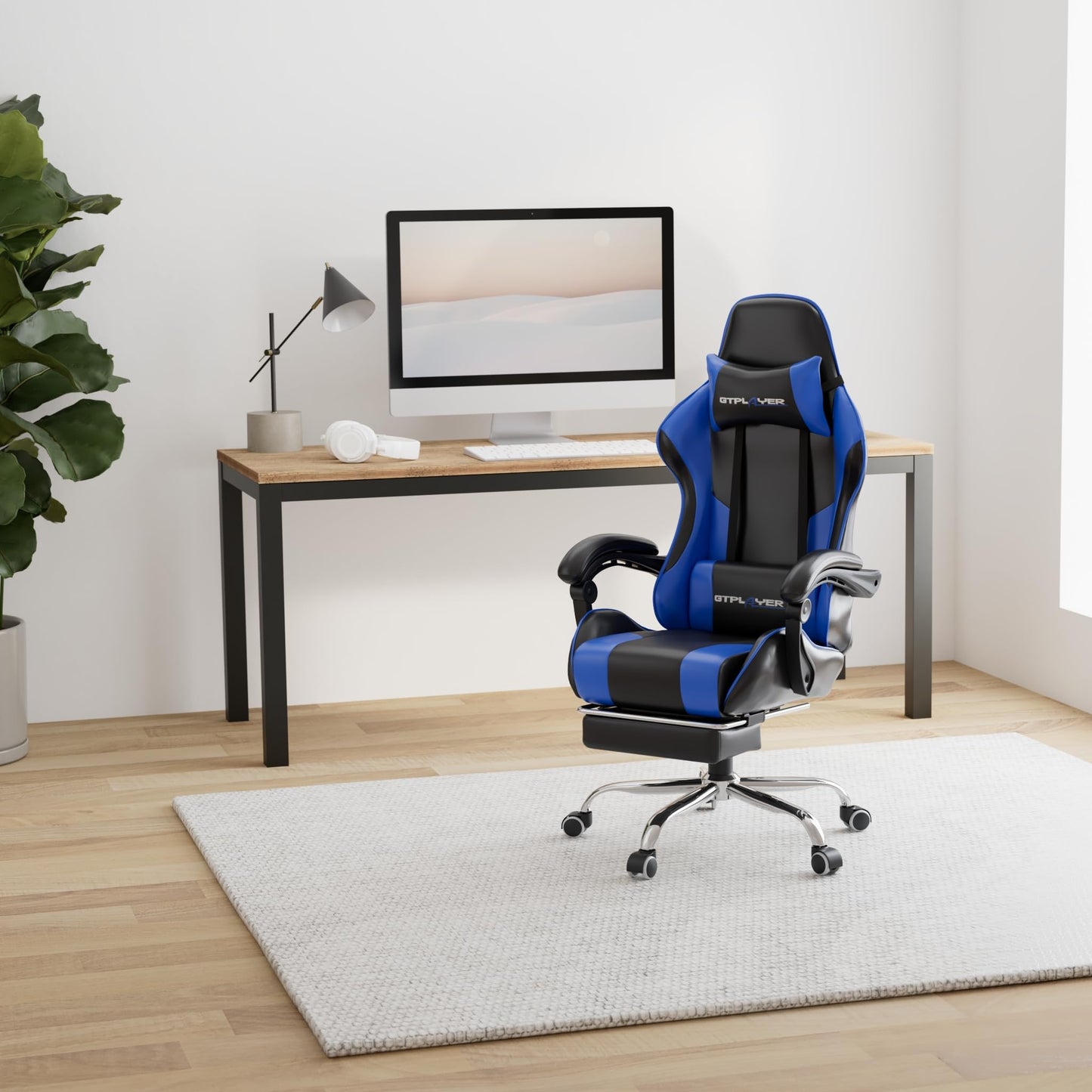 GTPLAYER Office Chair Gaming Chair Massage Gaming Armchair Ergonomic Gamer Chair with Footrest, Headrest Massage Lumbar Cushion, Padded Gaming Chair, Swivel Chair White