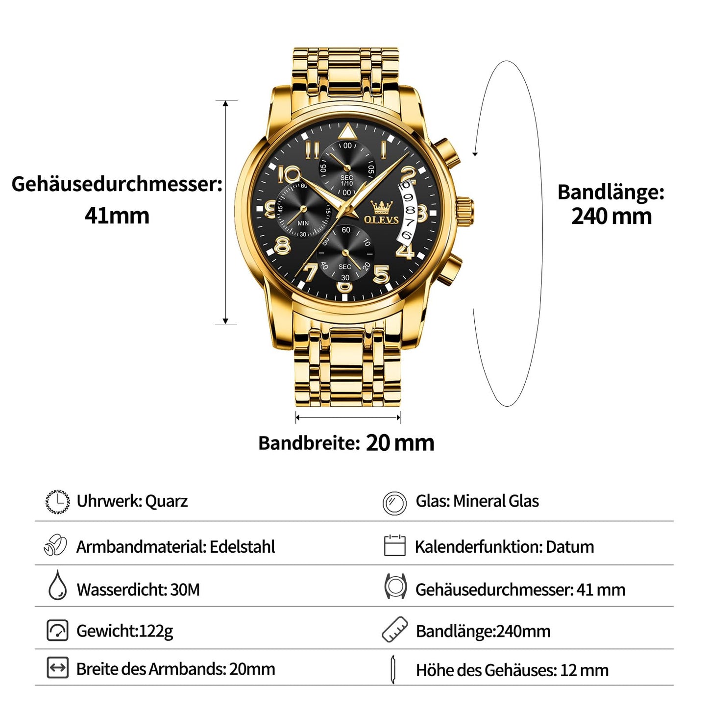 OLEVS Uhren Herren, Edelstahl Analoger Quarzuhr, Multifunktionale Diamanten Herrenuhren, Klassisches Luxuskleid Herrenuhr