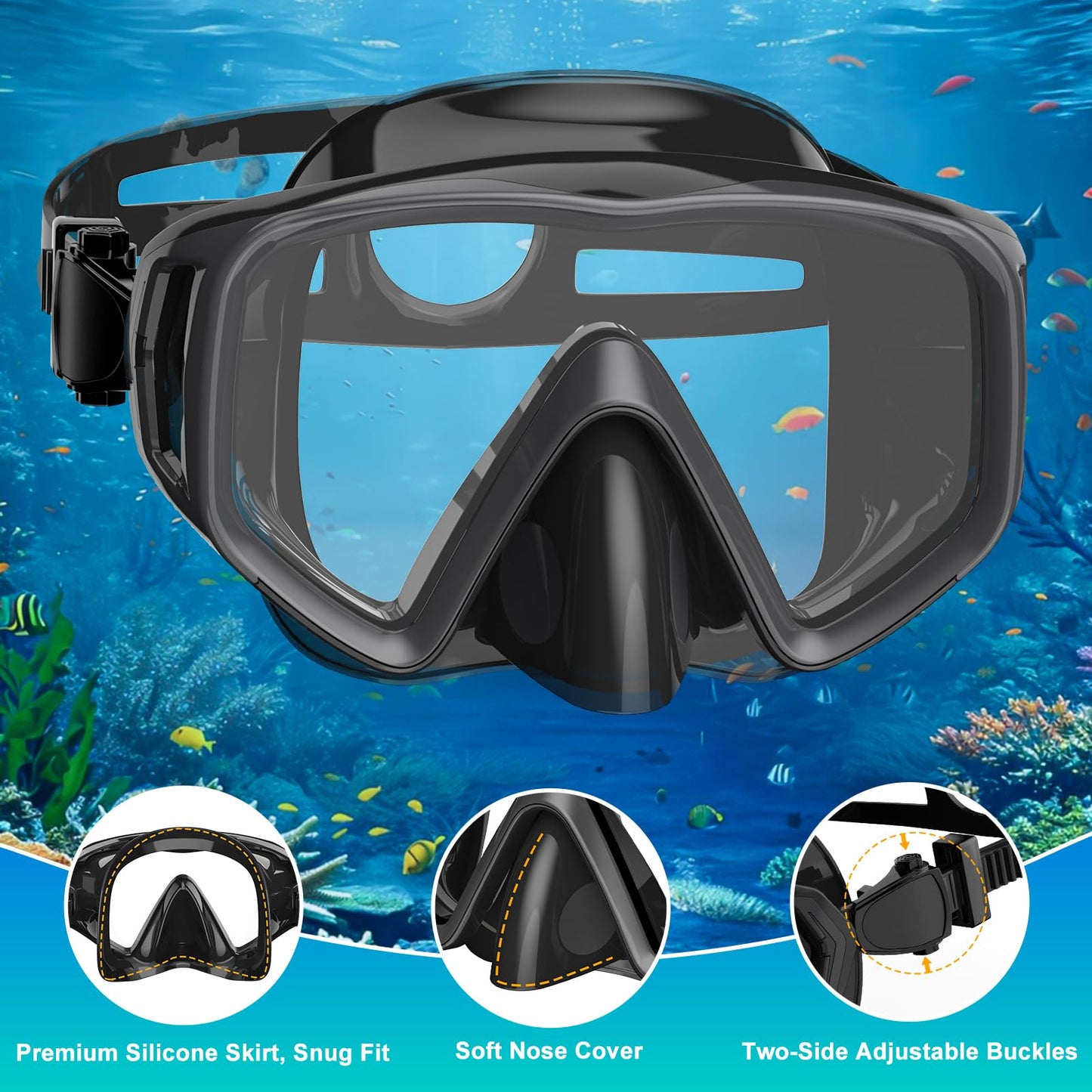 JEMULICE Schnorchelset Erwachsene, Schnorcheln Set mit Taucherbrille und Dry Schnorchel für Herren und Damen, Anti-Leck & Anti-Fog Tauchmaske aus Gehärtetem Glas für Tauchen, Schnorcheln und Schwimmen