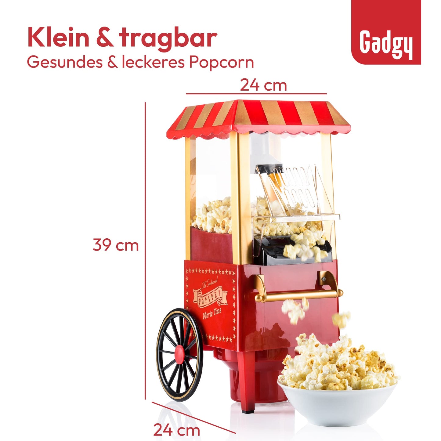 Gadgy Popcorn Maschine groß - Retro Popcorn Maker 5 L - Popcorn Maker mit Antihaftbeschichtung und abnehmbarer Heizfläche - Popkorn Maschine rot - Popcornmaschine 800W - Popcorn machine
