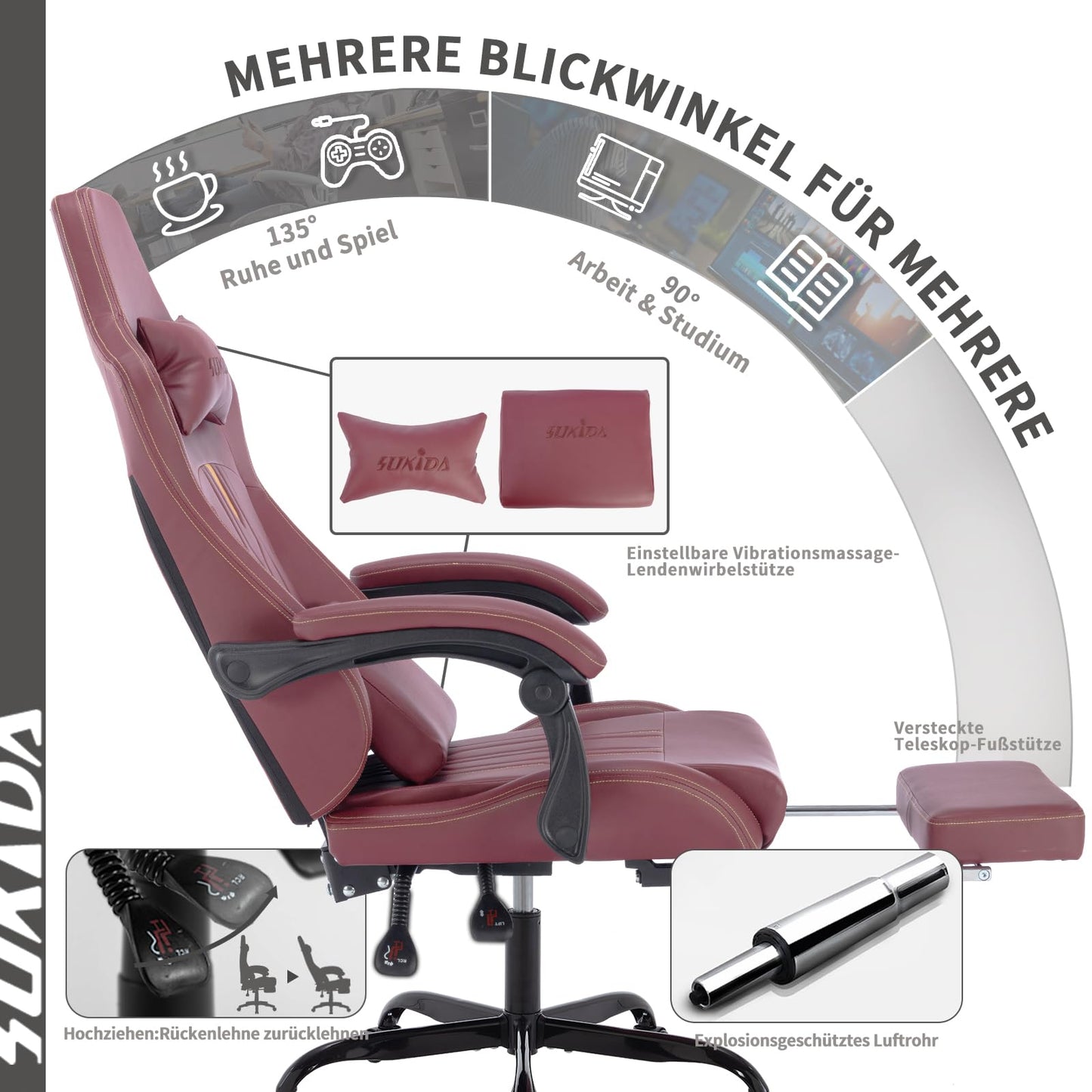 SUKIDA Gaming Stuhl Computerstuhl Ergonomischer Gaming Chair mit Fußstütze Bürostuhl Ergonomischer Computerstuhl mit Lendenwirbelstütze Schwarz