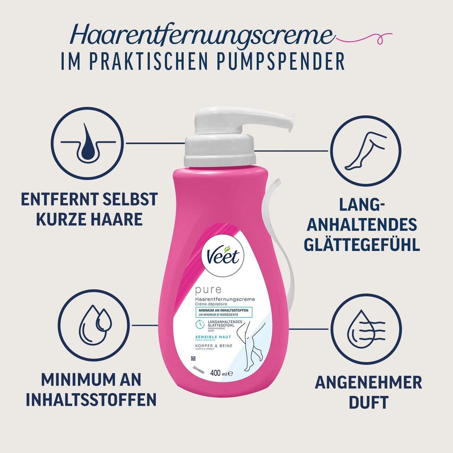 Veet Sensitive Haarentfernungscreme – Schnelle & effektive Haarentfernung für seidig-glatte Haut – Anwendungszeit 5-10 Minuten, Spender mit Spatel, 400 ml (1er Pack)