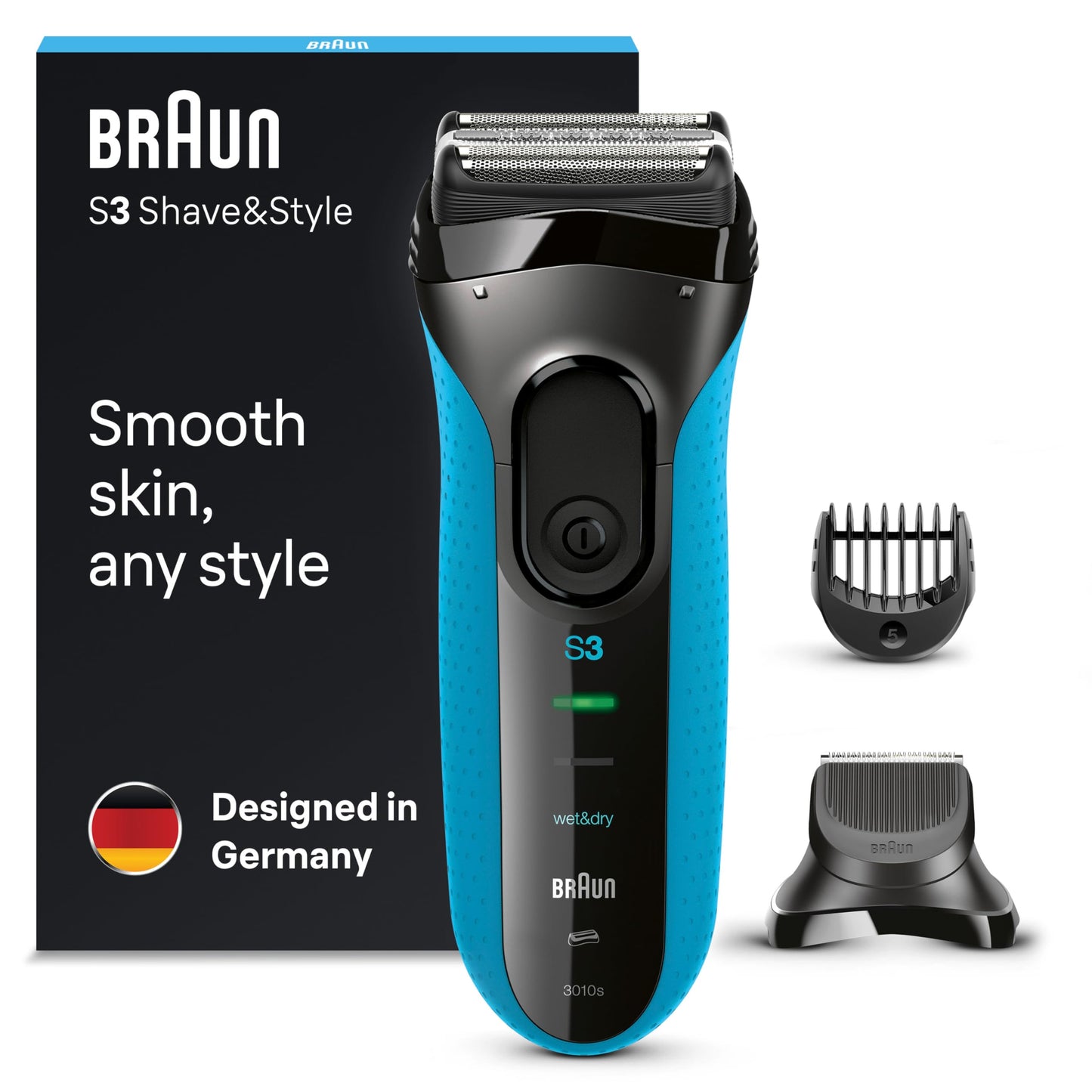Braun Series 3 ProSkin Elektrorasierer mit Präzisionstrimmer, Rasierer Herren Elektrisch, elektrischer Rasierer, Wet&Dry, rasierapparat, trockenrasierer, Made in Germany, 3040s, schwarz/blau