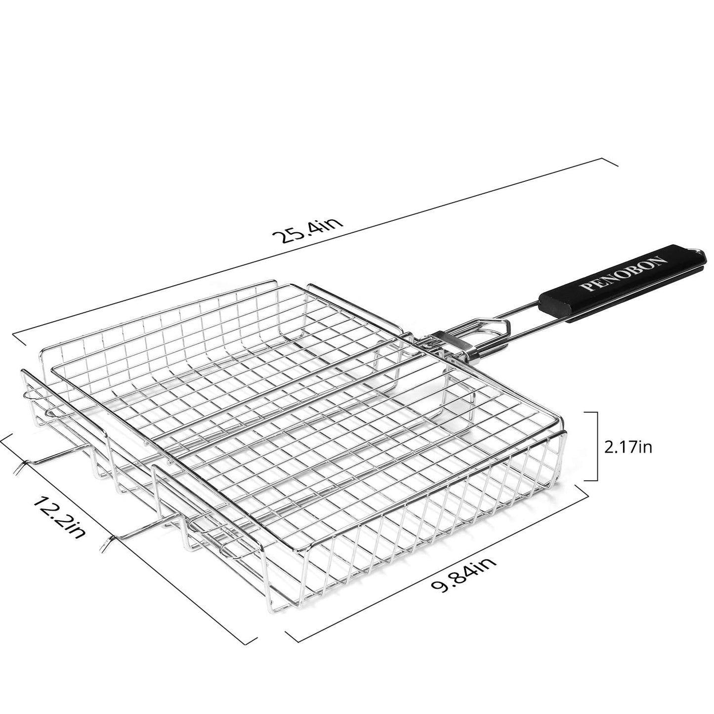 penobon Fisch-Grillkorb, faltbar, tragbarer Edelstahl-Grillkorb für Fischgemüse, Garnelen mit abnehmbarem Griff, mit Backpinsel und Aufbewahrungstasche (Tipo 1)