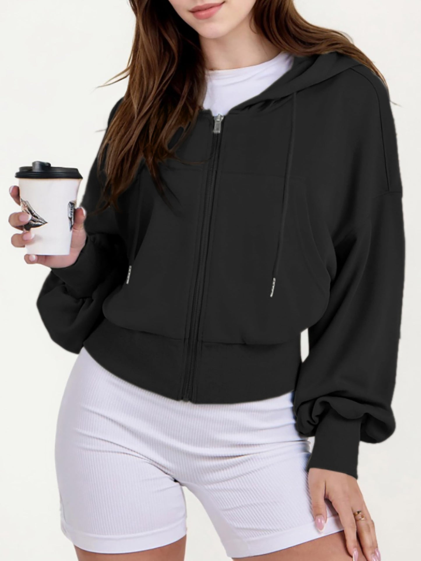 Jhsnjnr Women’s Cropped Zip-Up Hooded Sweat Jacket