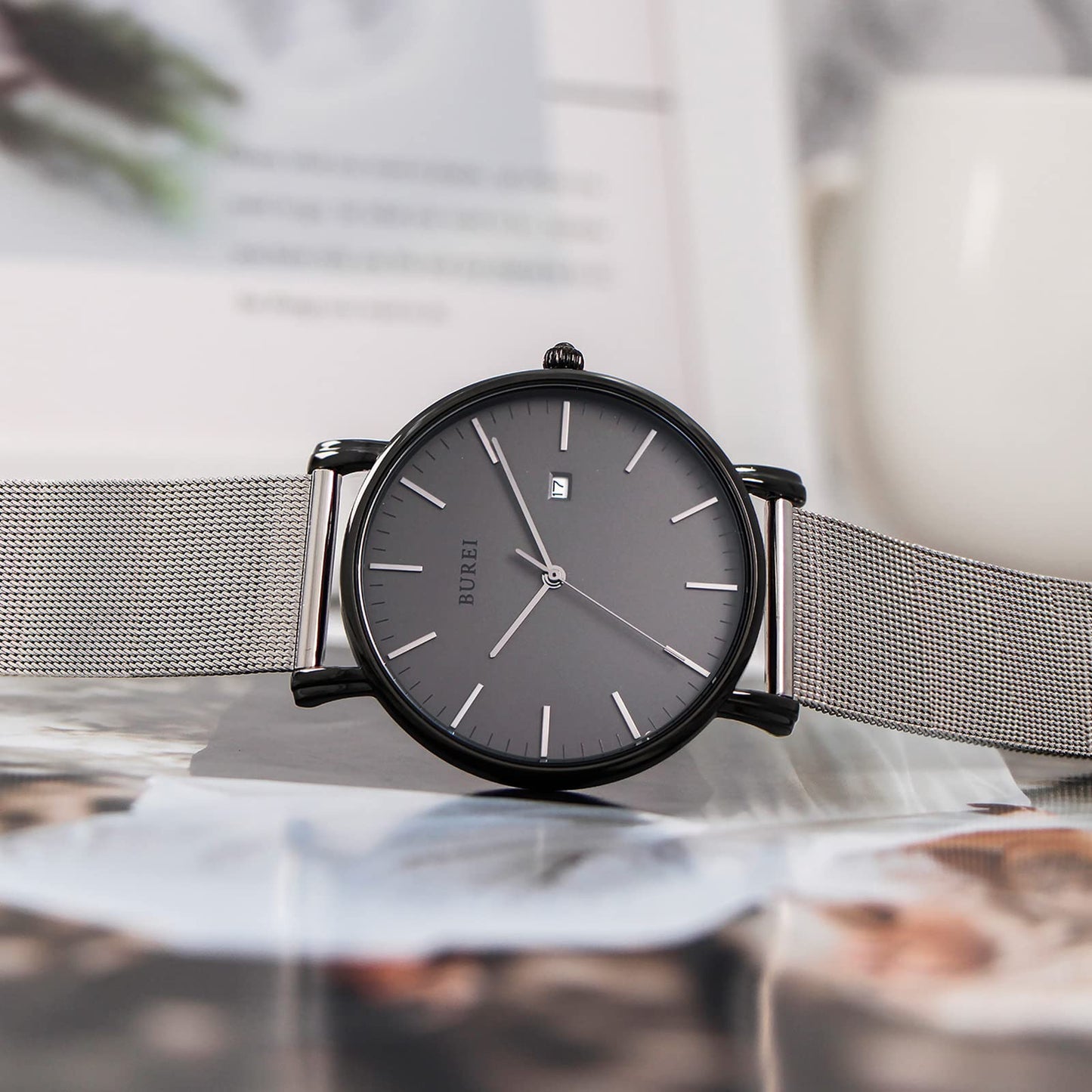 BUREI Ultra Dünne Uhren Herren Schwarze Analoges Datum Armbanduhr Herren mit Japanisches Quarzwerk, Geschenke für Männer